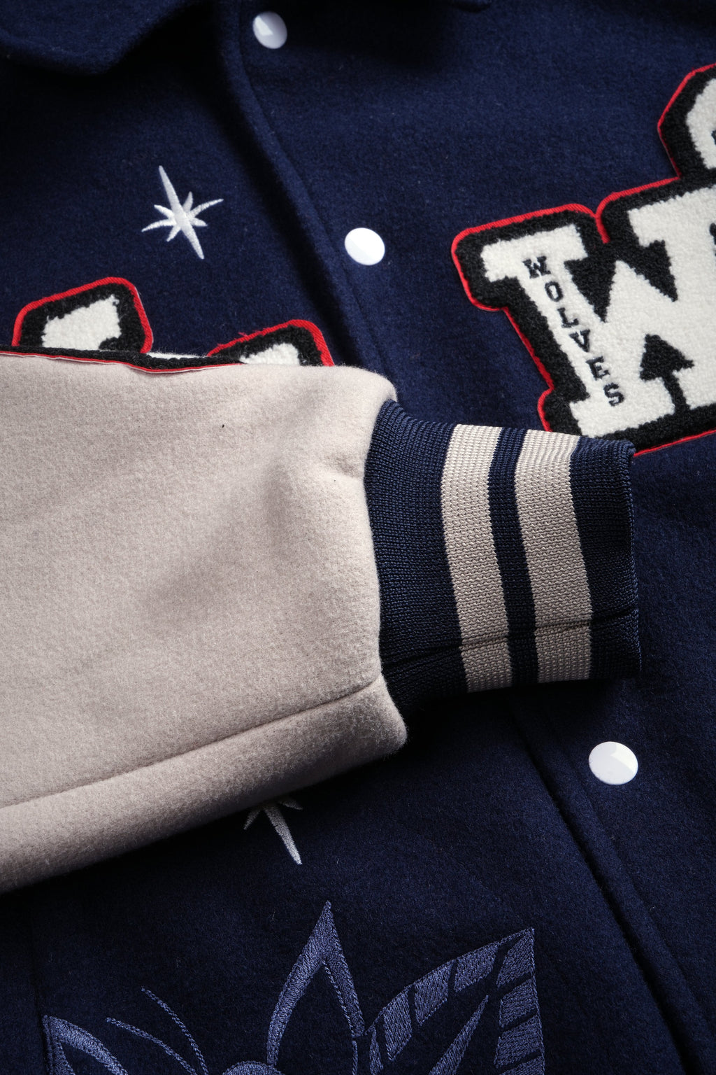 Mickey Mouse Wolves Club Roxy Box Cut Rudy Letterman Jacket in Navy/Clay