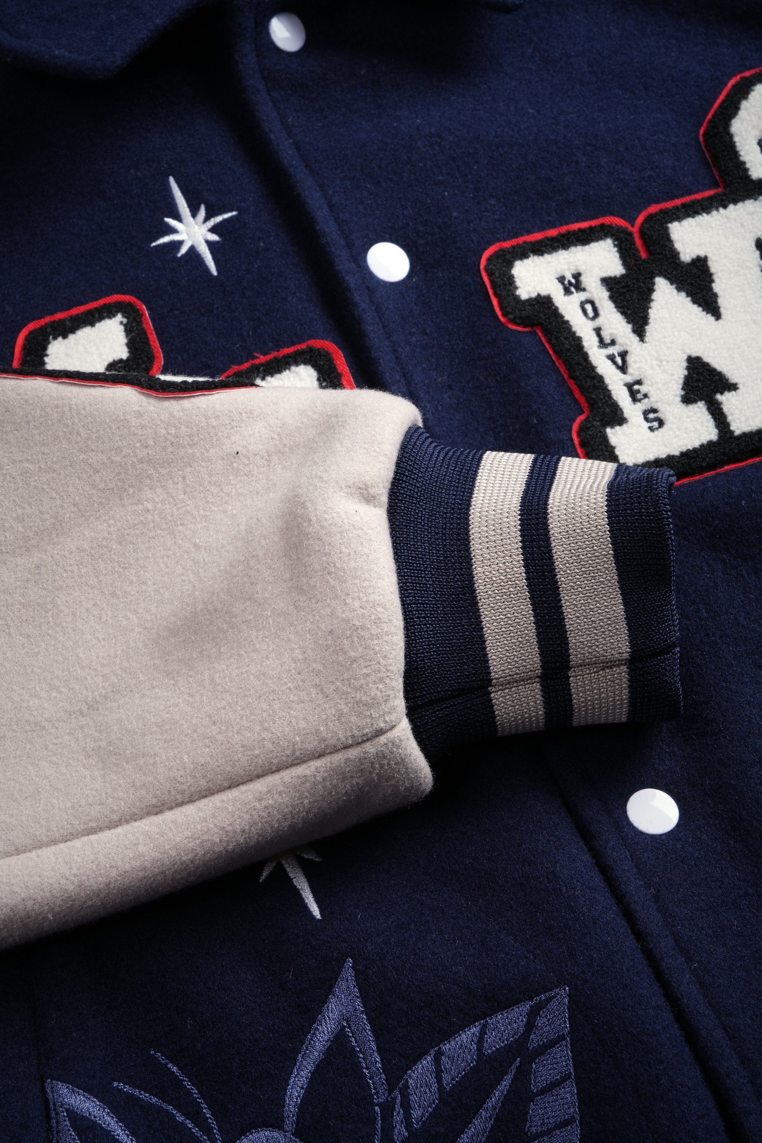 Mickey Mouse Wolves Club Roxy Box Cut Rudy Letterman Jacket in Navy/Clay