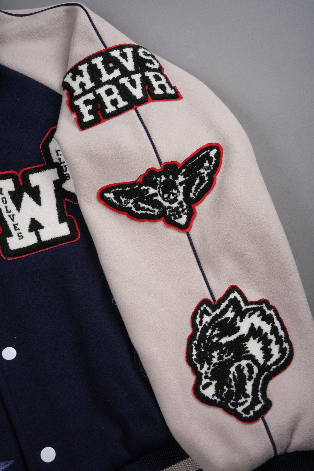 Mickey Mouse Wolves Club Roxy Box Cut Rudy Letterman Jacket in Navy/Clay