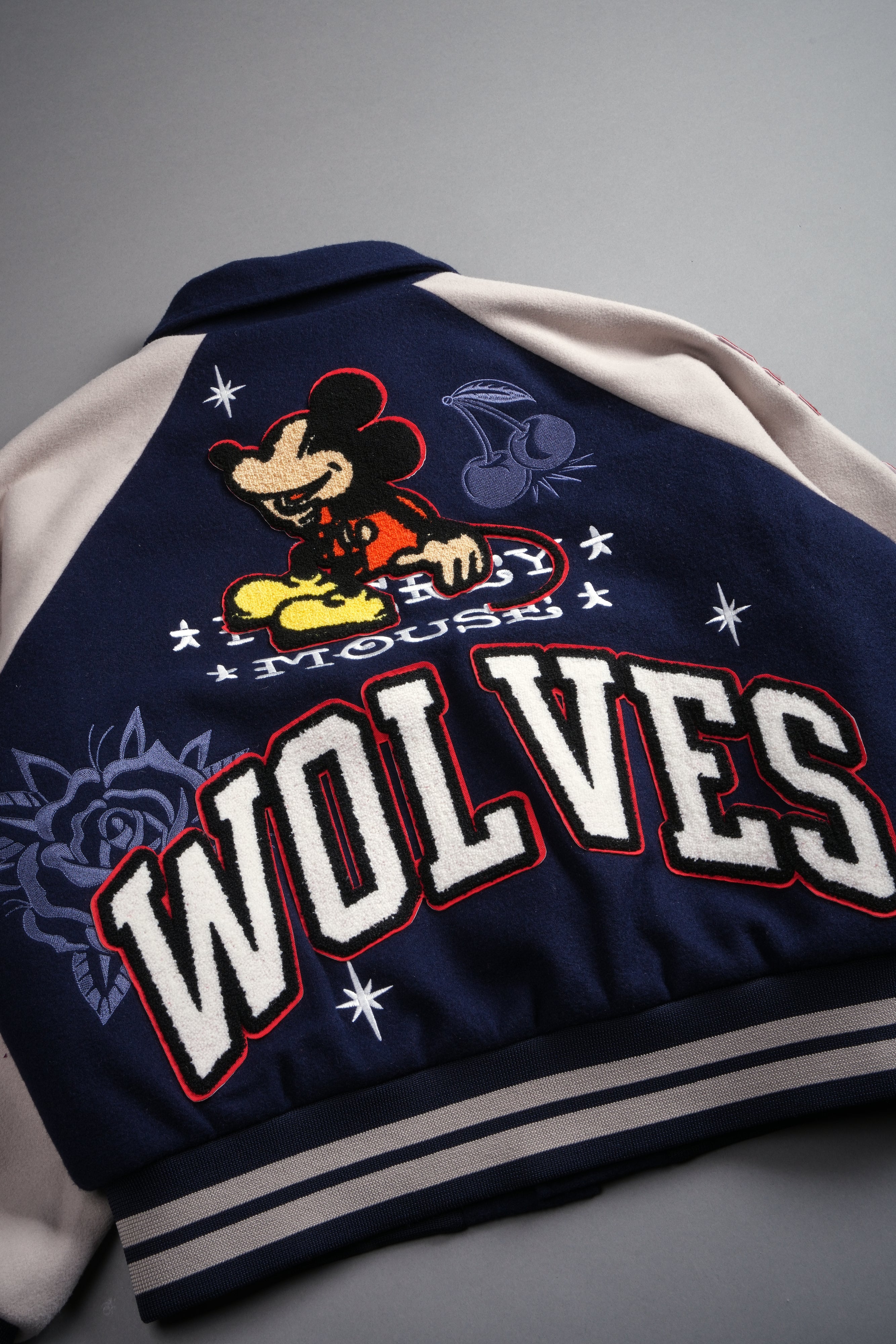 Mickey Mouse Wolves Club Roxy Box Cut Rudy Letterman Jacket in Navy/Clay