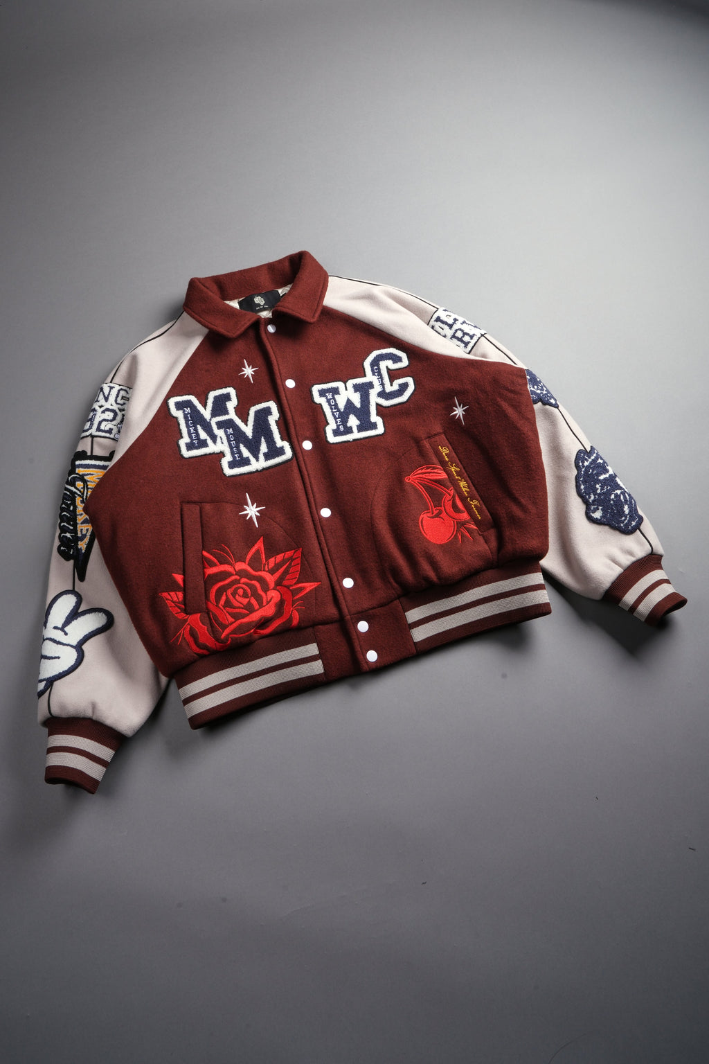 Mickey Mouse Wolves Club Roxy Box Cut Rudy Letterman Jacket in Oxblood/Clay