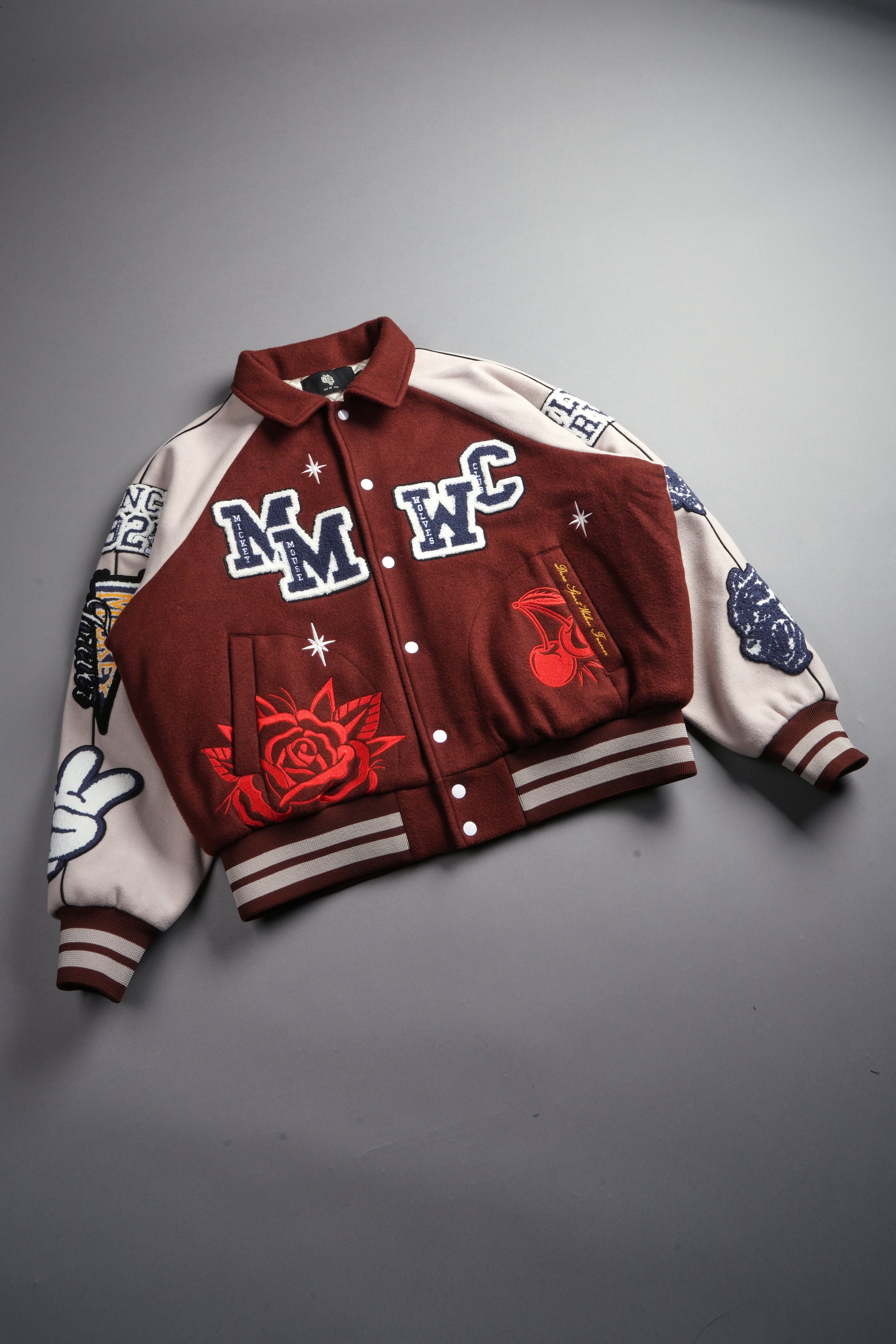 Mickey Mouse Wolves Club Roxy Box Cut Rudy Letterman Jacket in Oxblood/Clay