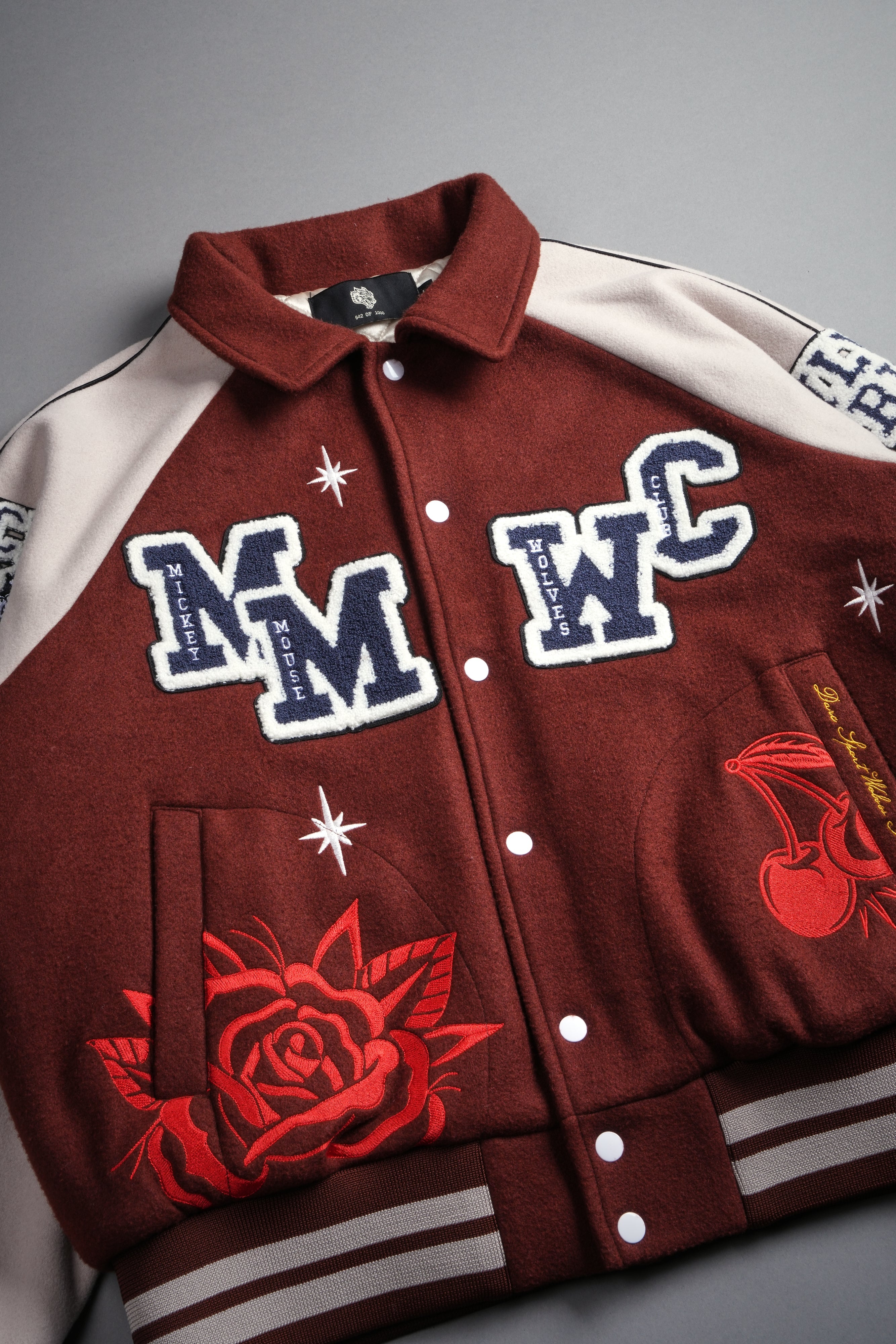 Mickey Mouse Wolves Club Roxy Box Cut Rudy Letterman Jacket in Oxblood/Clay