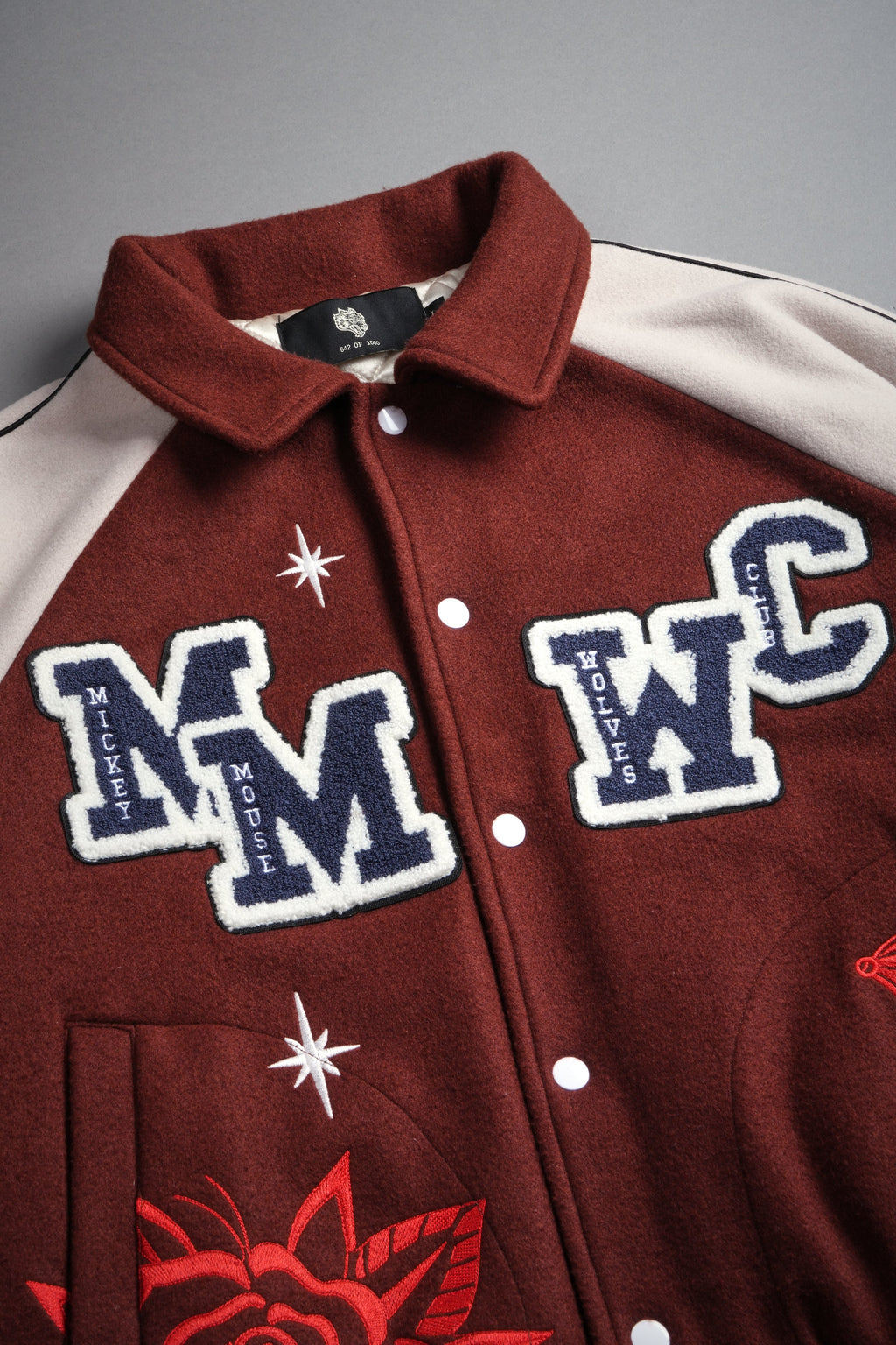 Mickey Mouse Wolves Club Roxy Box Cut Rudy Letterman Jacket in Oxblood/Clay