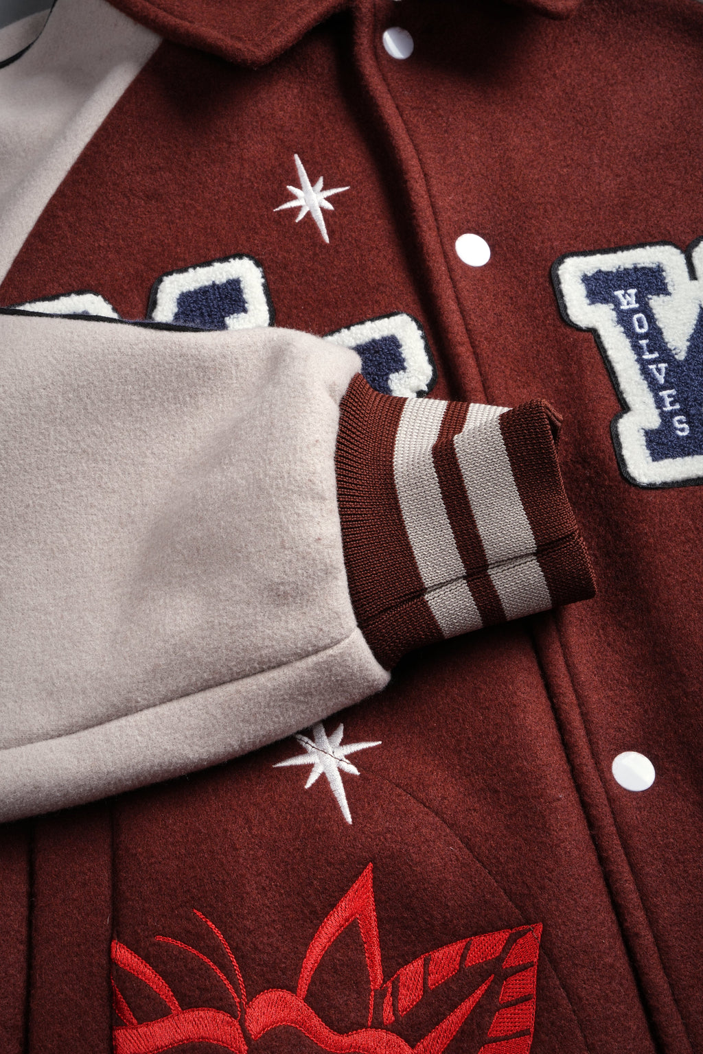 Mickey Mouse Wolves Club Roxy Box Cut Rudy Letterman Jacket in Oxblood/Clay