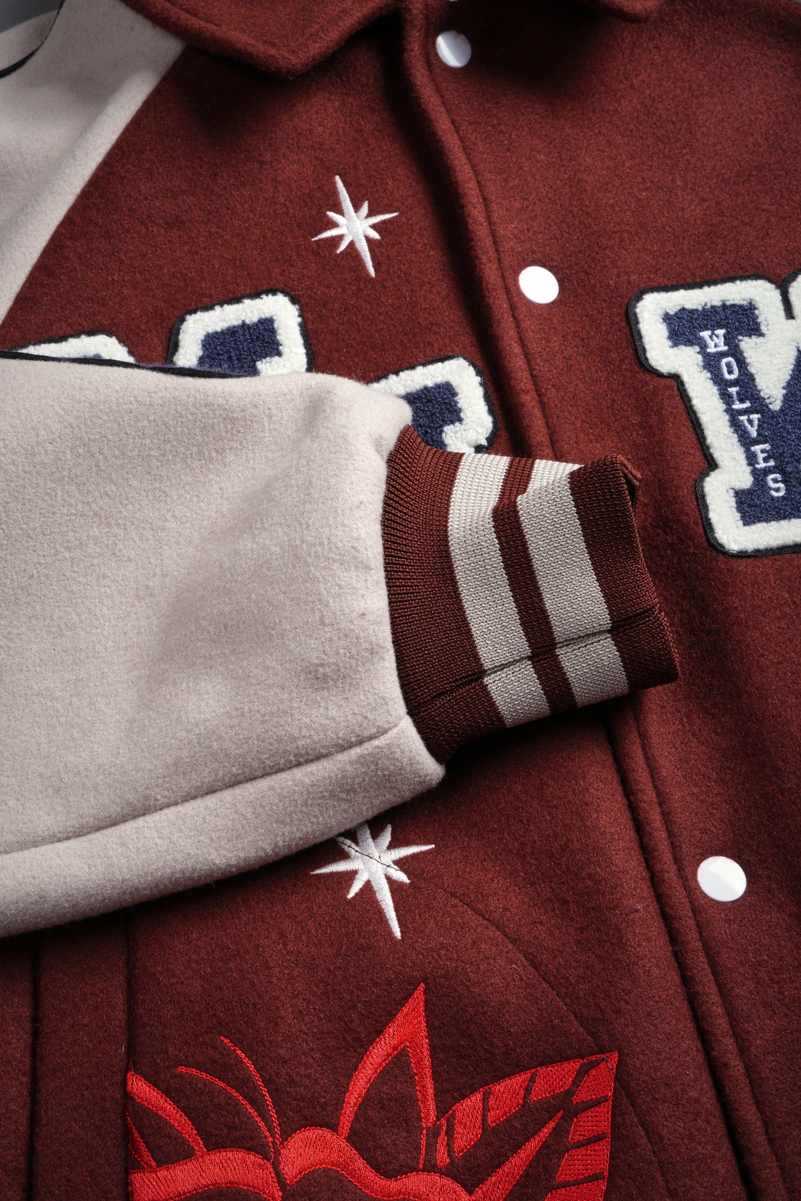 Mickey Mouse Wolves Club Roxy Box Cut Rudy Letterman Jacket in Oxblood/Clay
