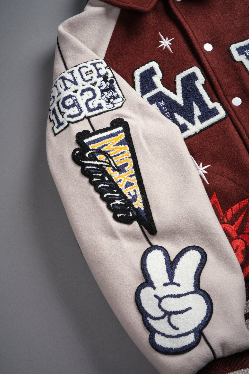 Mickey Mouse Wolves Club Roxy Box Cut Rudy Letterman Jacket in Oxblood/Clay
