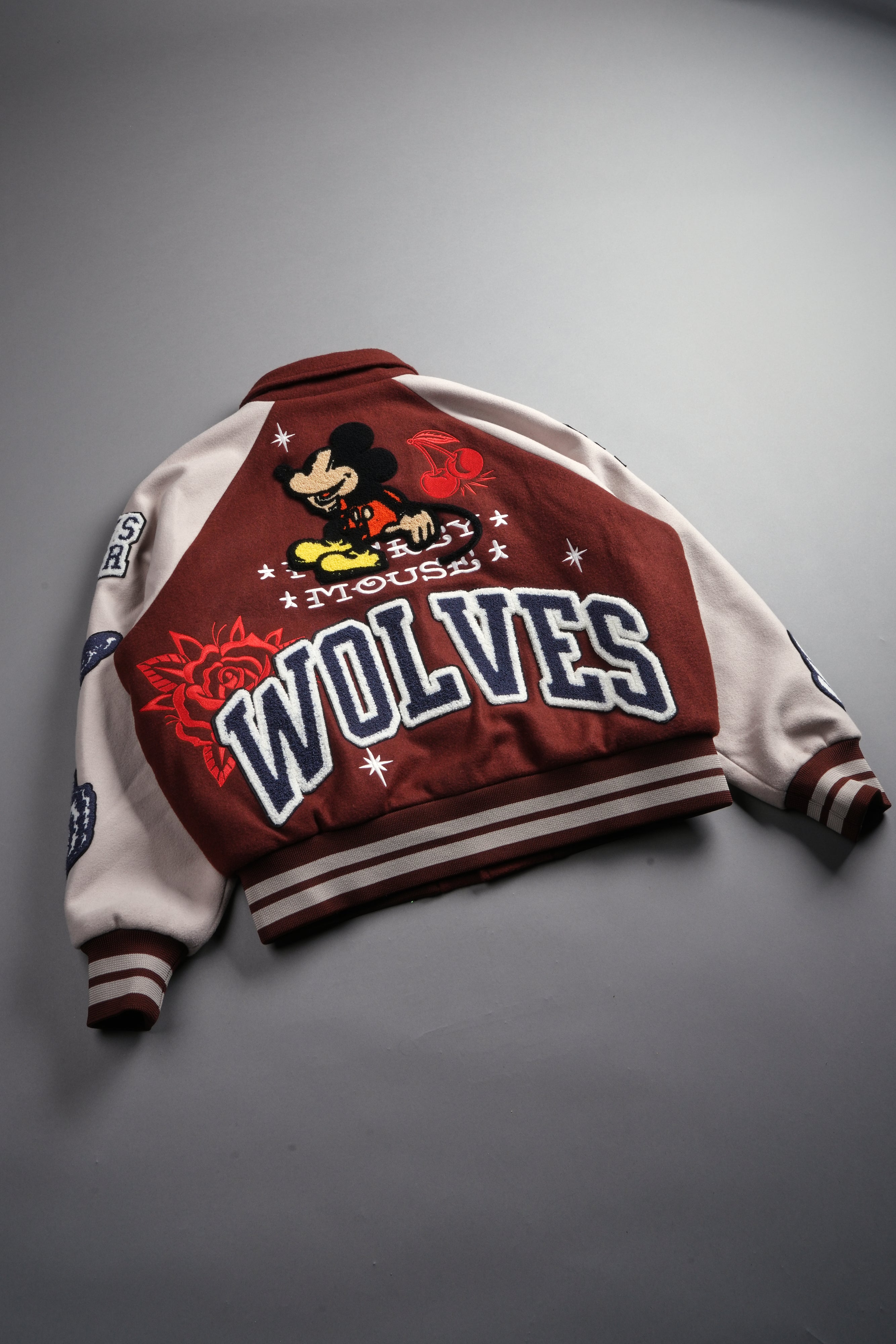 Mickey Mouse Wolves Club Roxy Box Cut Rudy Letterman Jacket in Oxblood/Clay