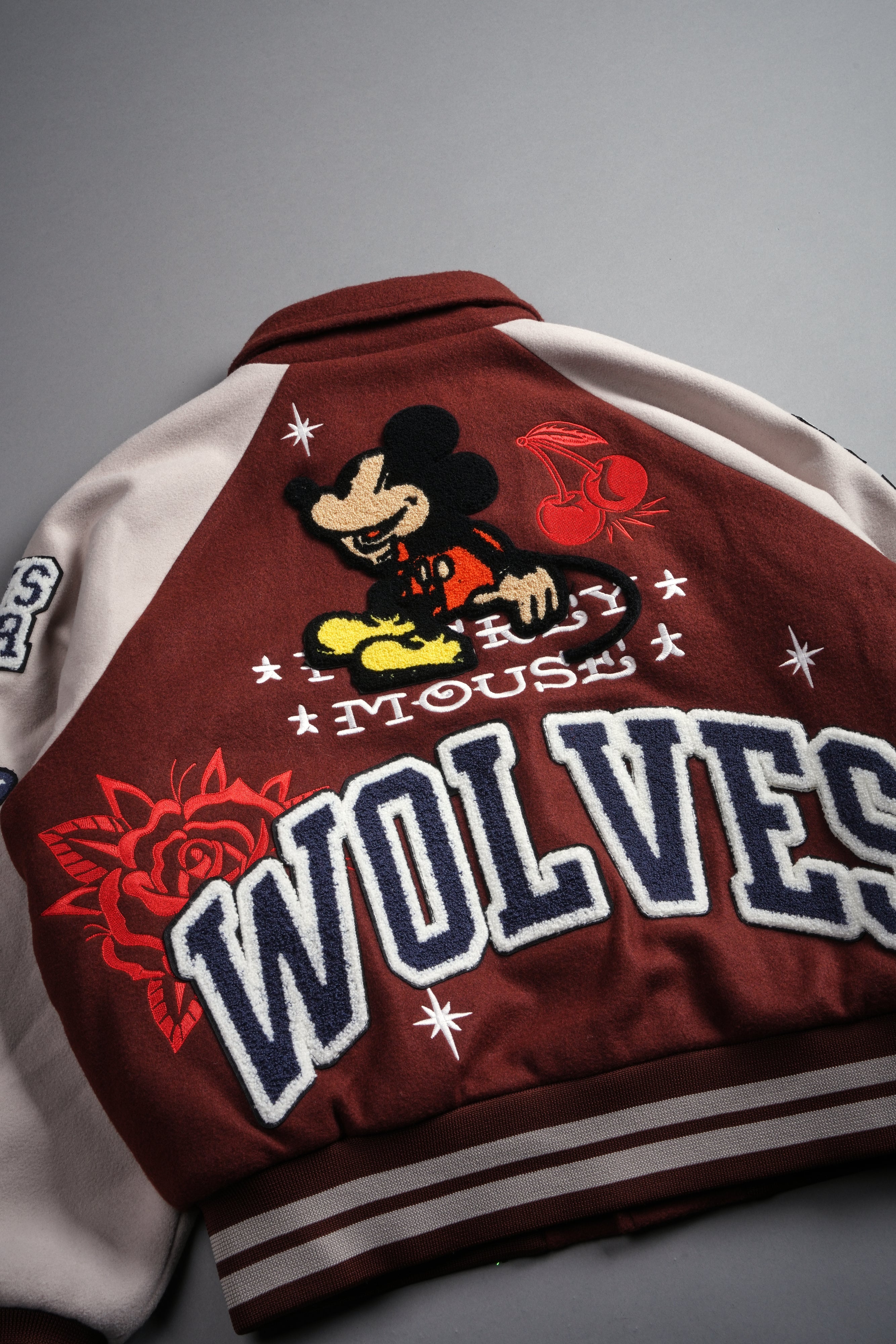 Mickey Mouse Wolves Club Roxy Box Cut Rudy Letterman Jacket in Oxblood/Clay