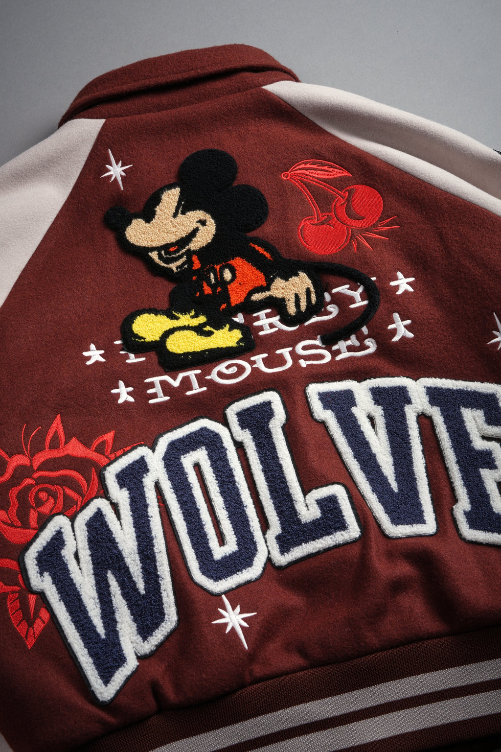 Mickey Mouse Wolves Club Roxy Box Cut Rudy Letterman Jacket in Oxblood/Clay