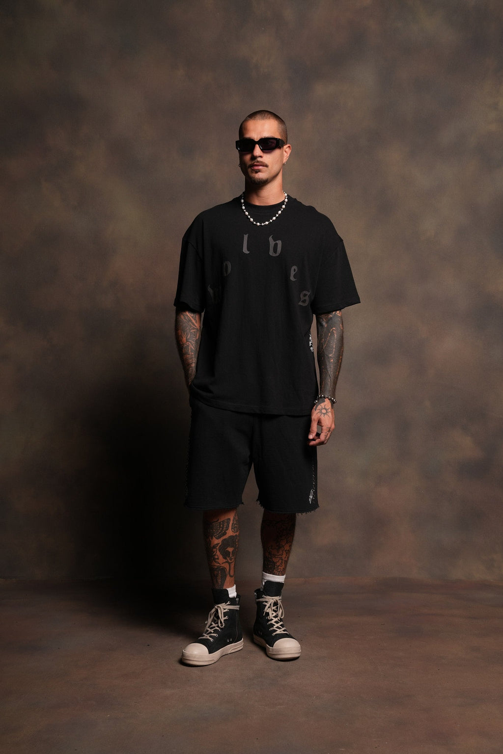 Stud Muerto Grunge Oversized Raw Hem Post Lounge Sweat Shorts In Black