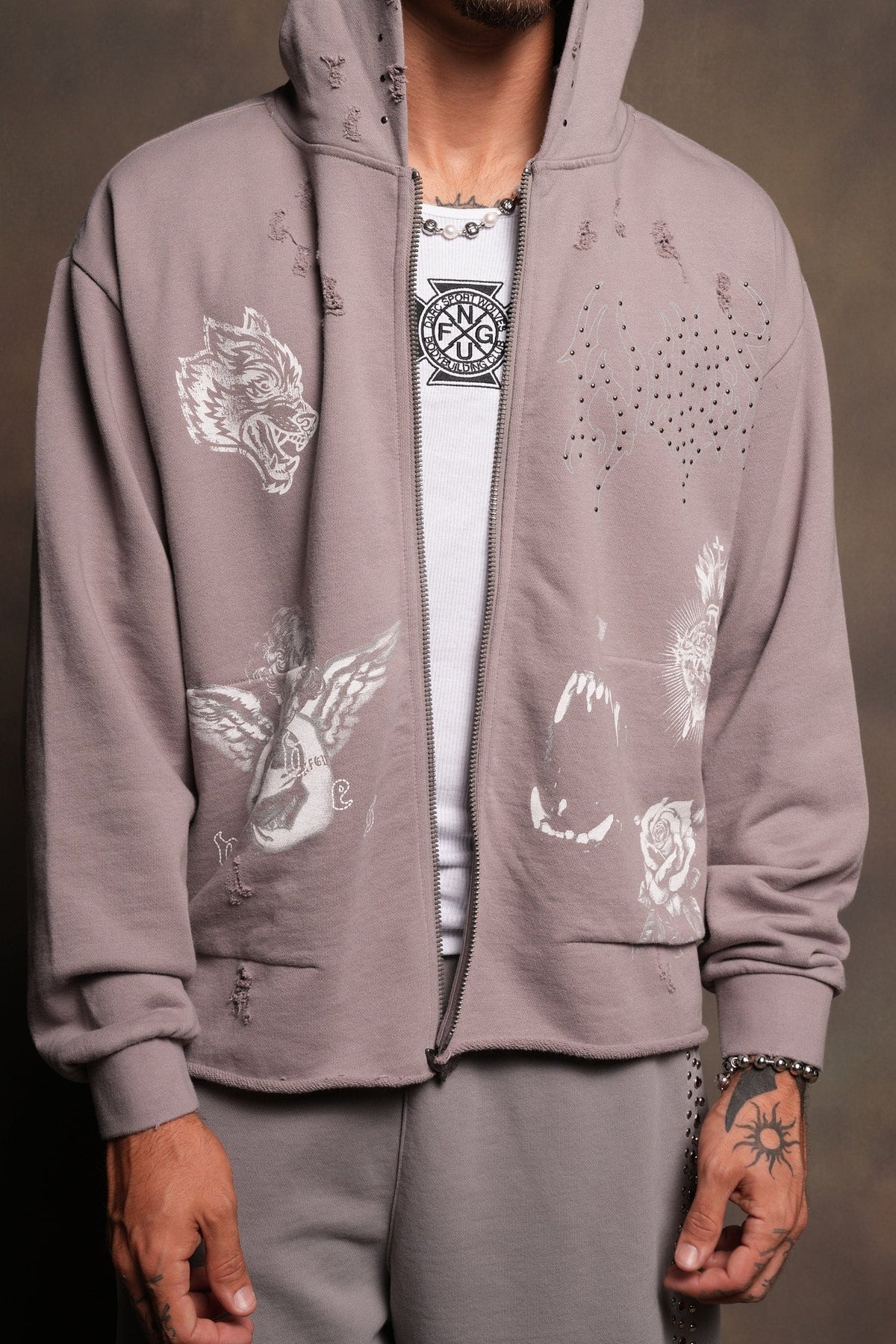 Darc Heaven Distressed Grunge Mid Length Raw Hem Zip Hoodie In Pale Gray