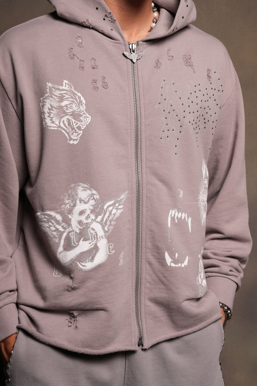 Darc Heaven Distressed Grunge Mid Length Raw Hem Zip Hoodie In Pale Gray