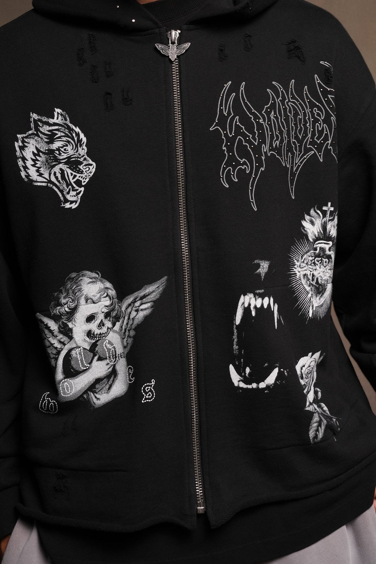 Darc Heaven Distressed Grunge Mid Length Raw Hem Zip Hoodie In Black