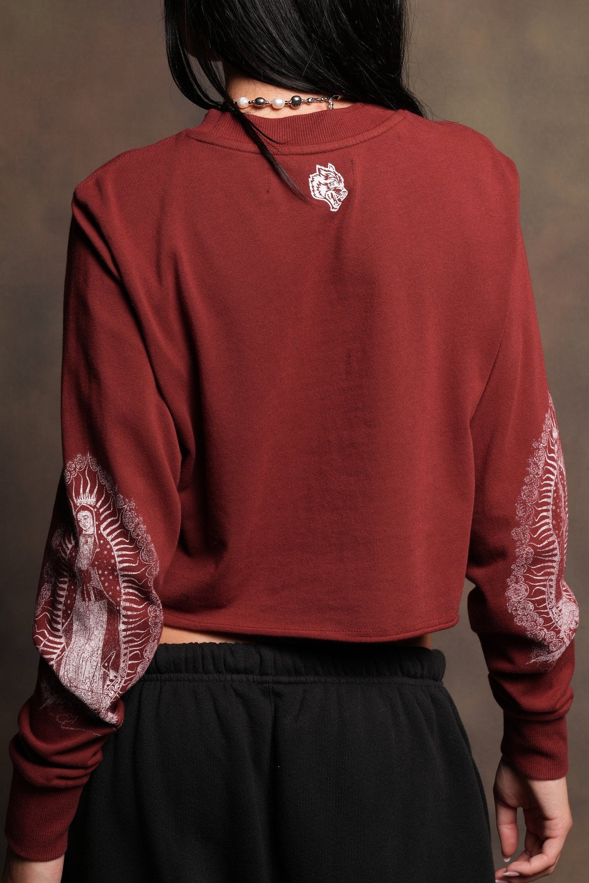 Nuestra Senora Premium Cropped Ls Tee In Cherry Red