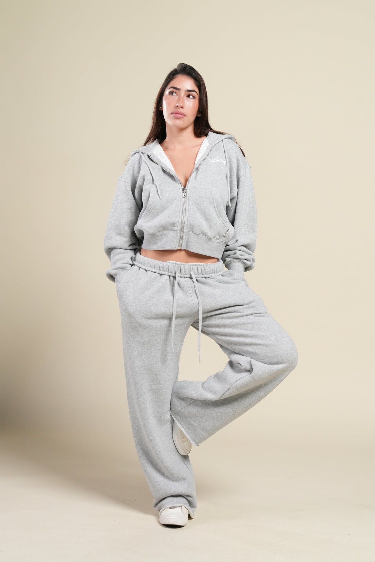 Cursive Wolves "Sage" Cropped Zip Hoodie in Heather Gray — imagem 2