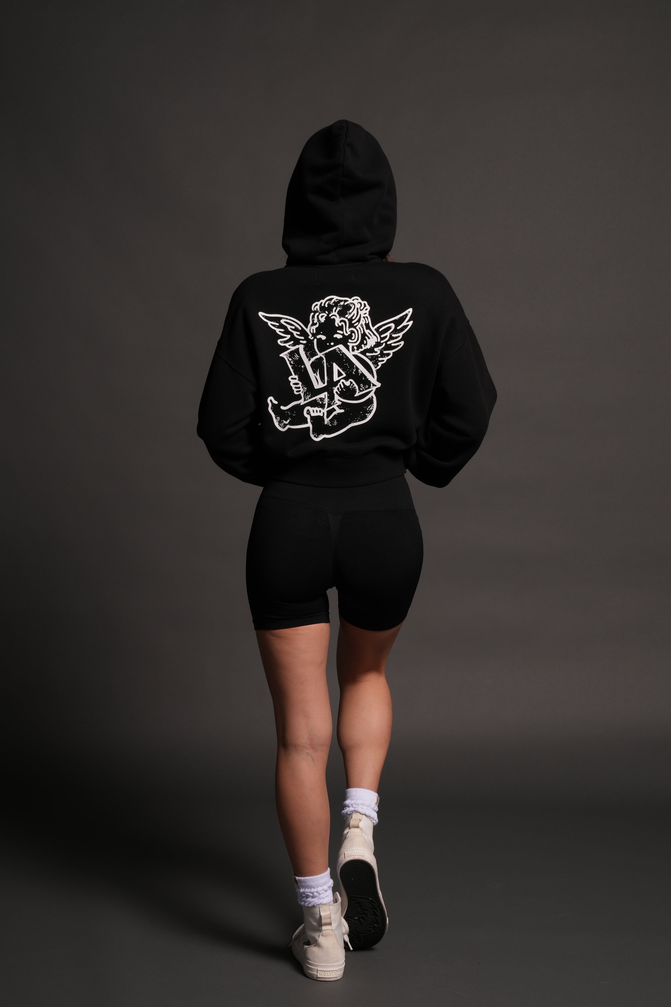 Los Cherub Distressed Grunge Mid Length Raw Hem Zip Hoodie in Black — imagem 12