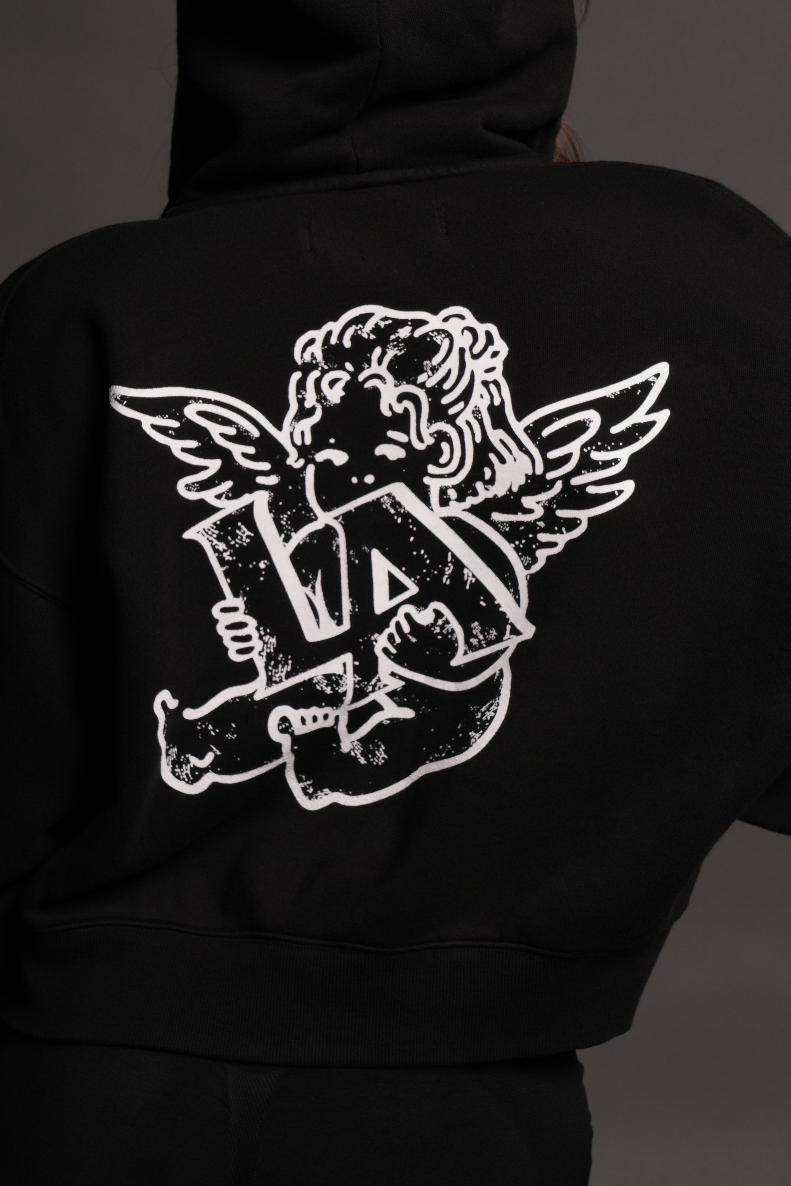 Los Cherub Distressed Grunge Mid Length Raw Hem Zip Hoodie in Black — imagem 14