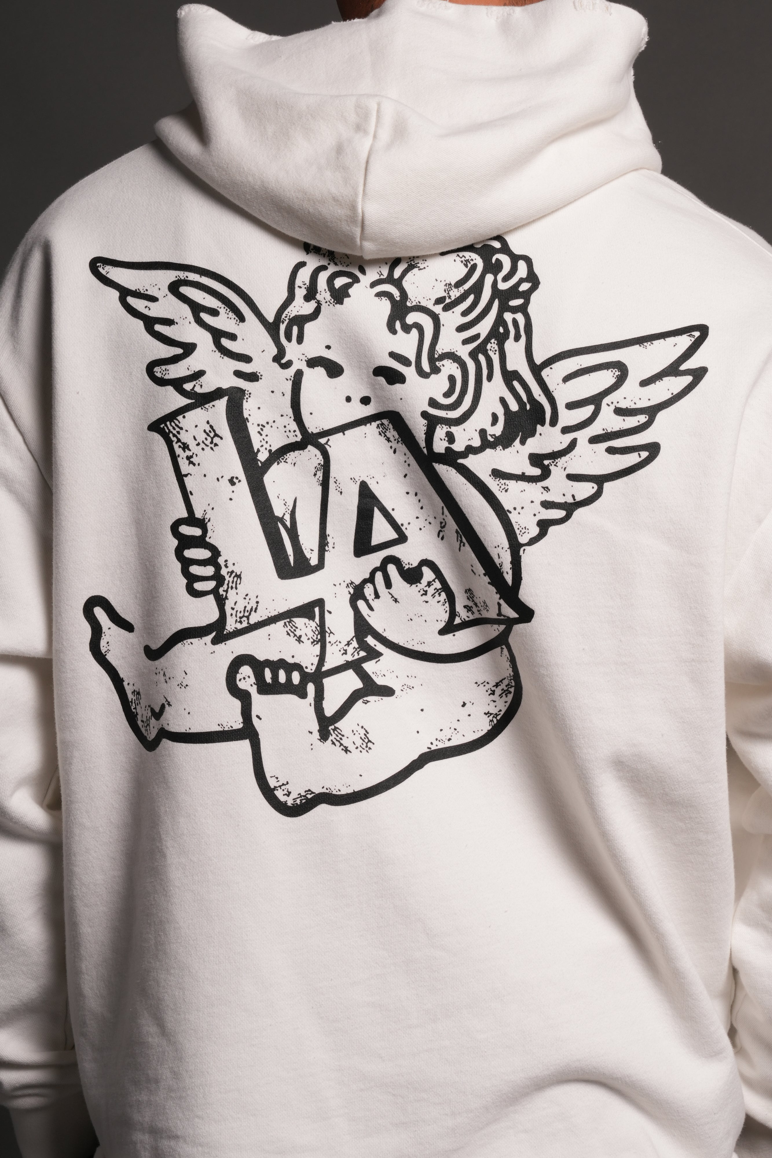 Los Cherub Distressed Grunge Mid Length Raw Hem Zip Hoodie in Cream — imagem 8