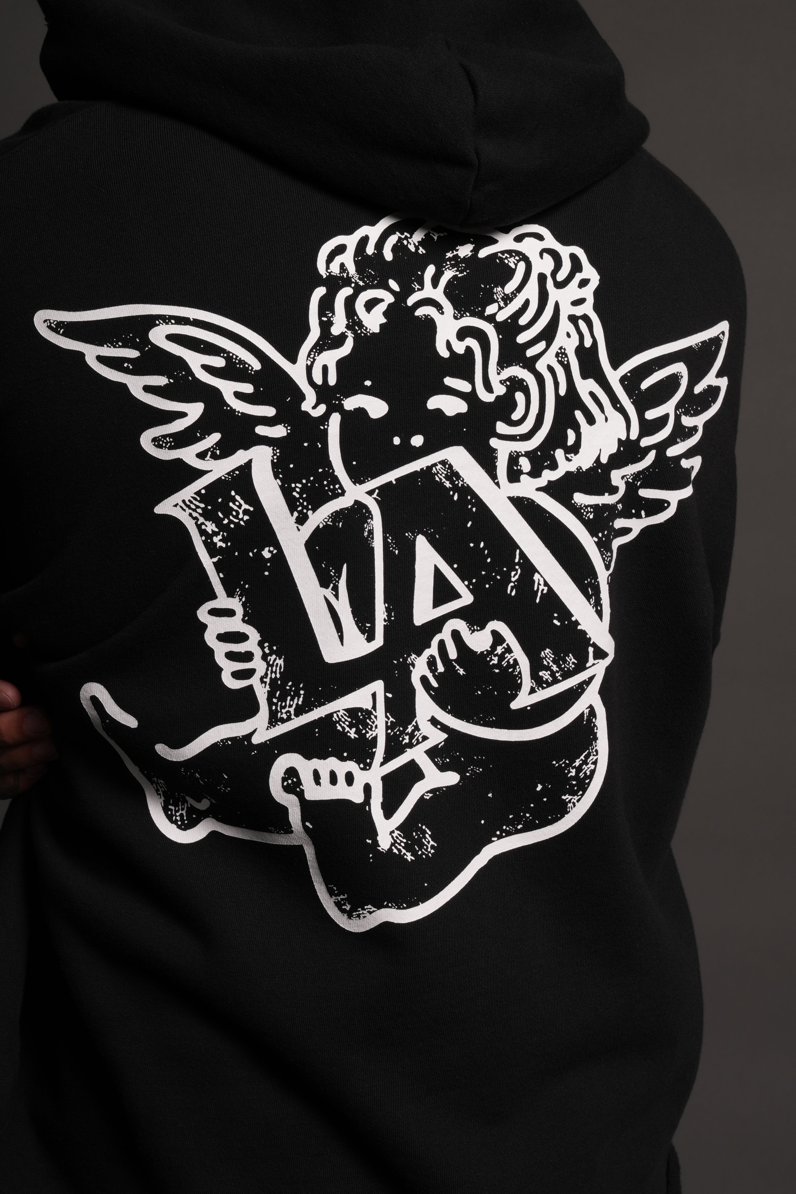 Los Cherub Distressed Grunge Mid Length Raw Hem Zip Hoodie in Black — imagem 8