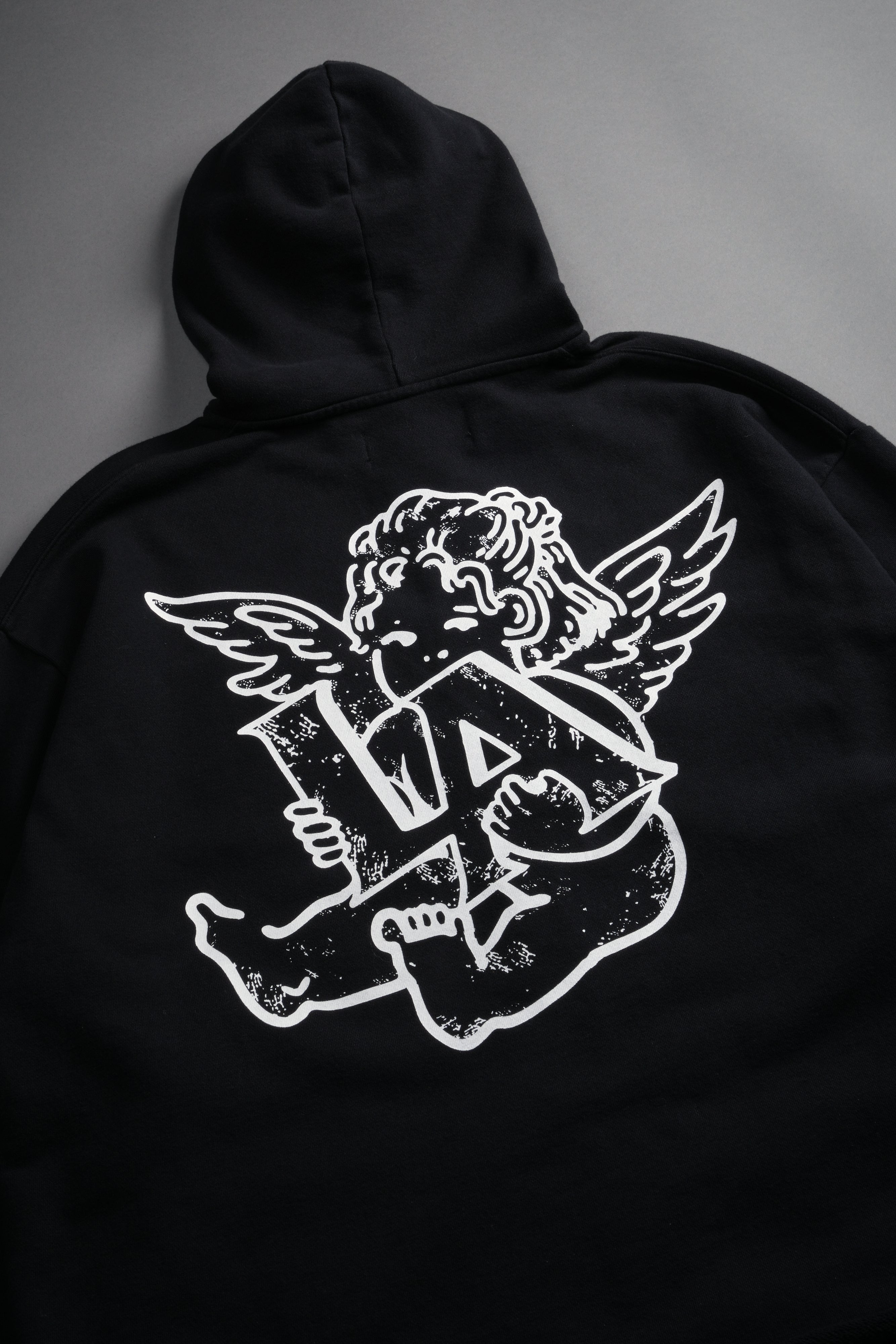 Los Cherub Distressed Grunge Mid Length Raw Hem Zip Hoodie in Black — imagem 17