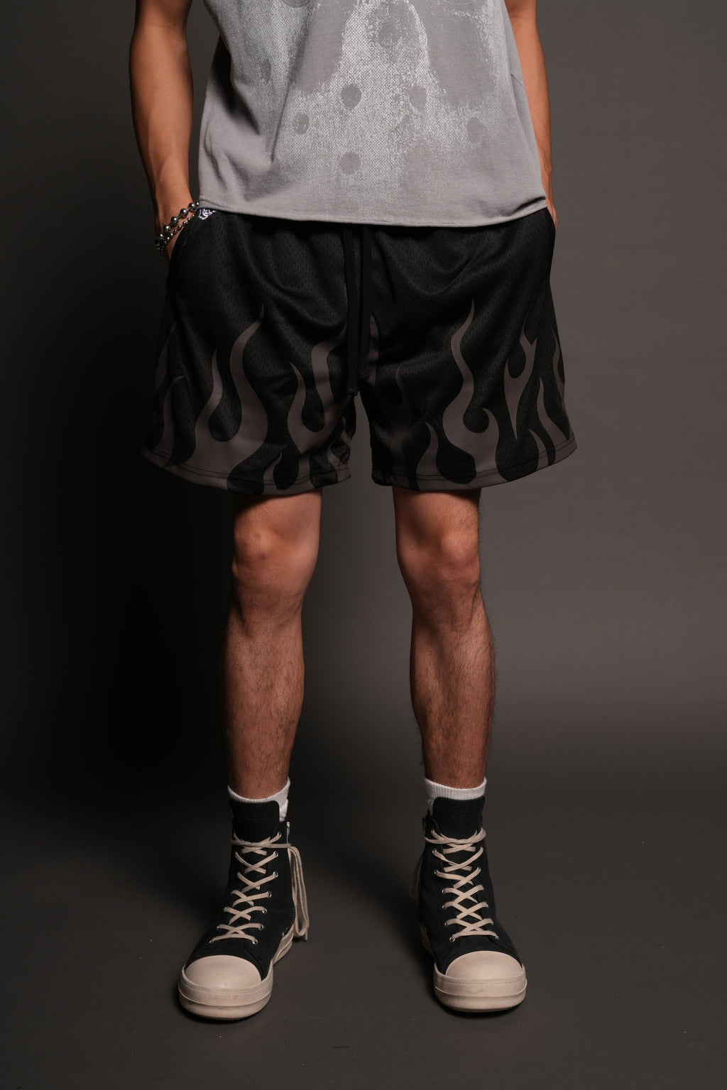 On Fire Applique Mesh Shorts In Black