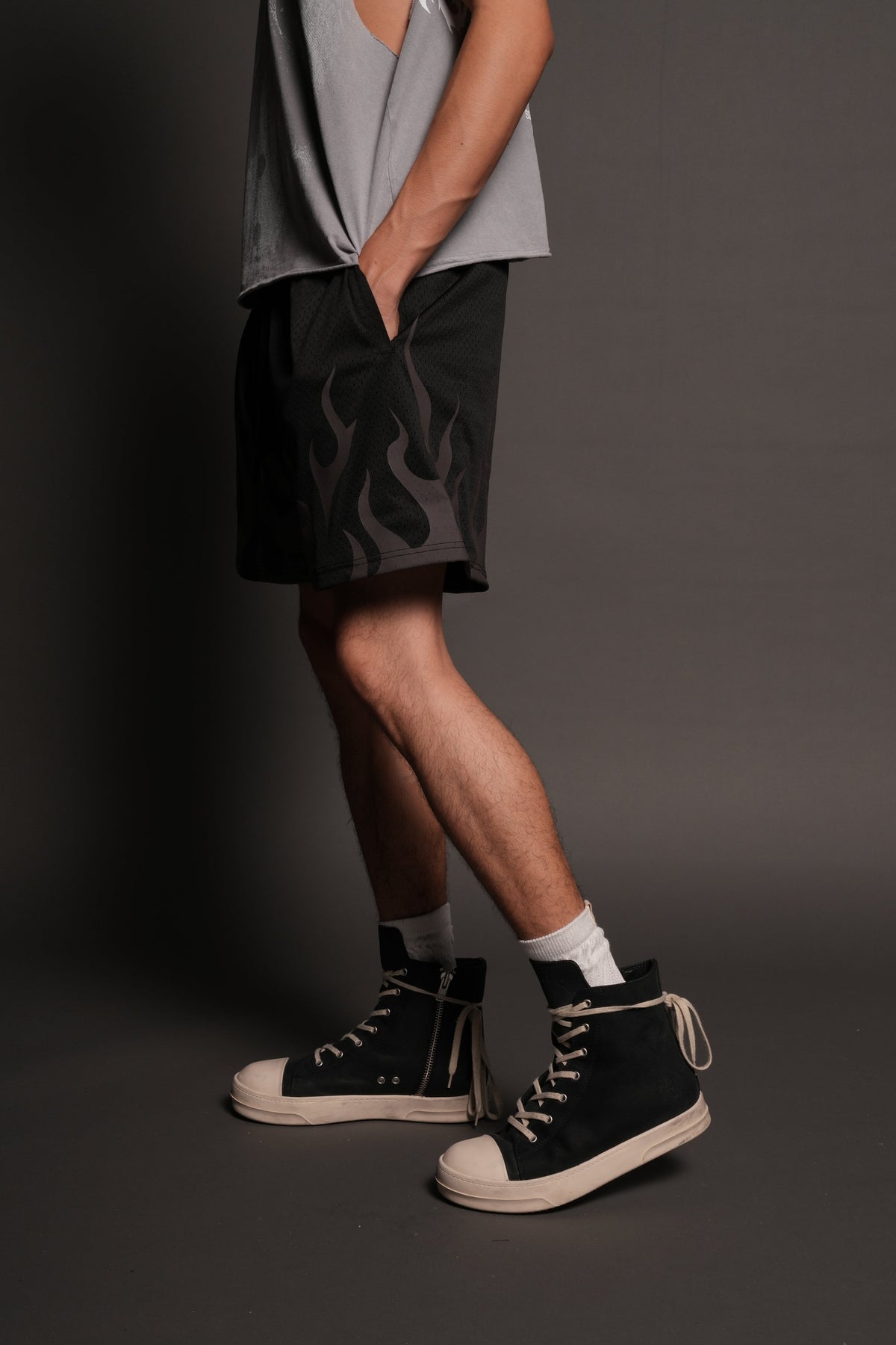 On Fire Applique Mesh Shorts In Black
