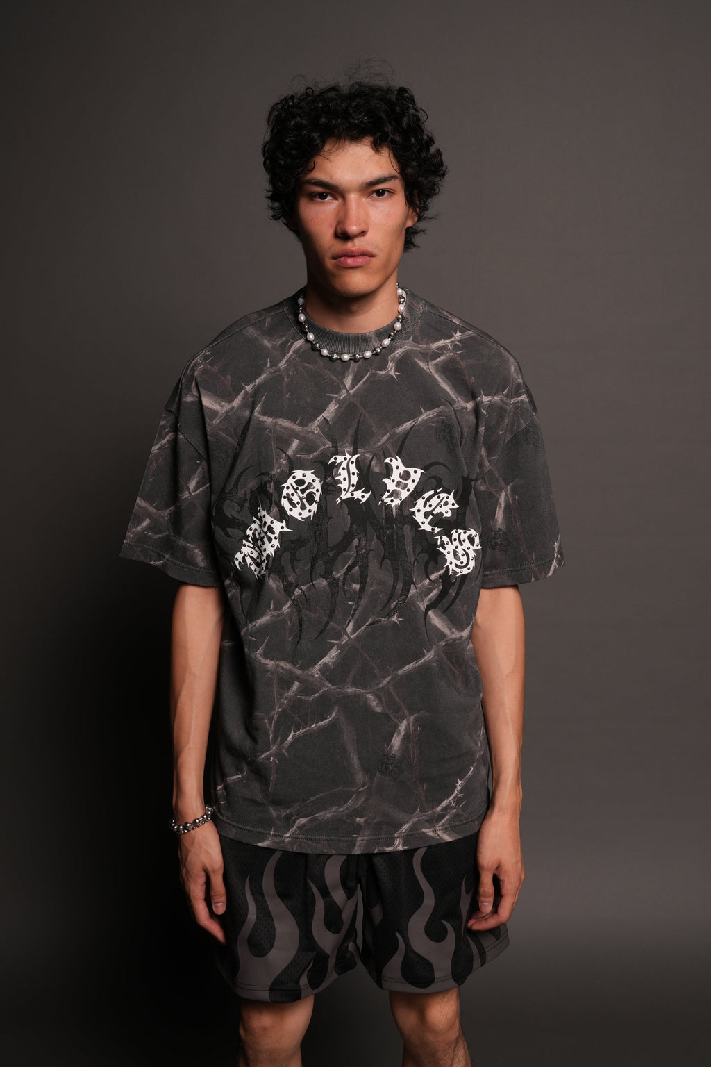 Studded Mantra Premium Oversized Tee In Darc Thorns
