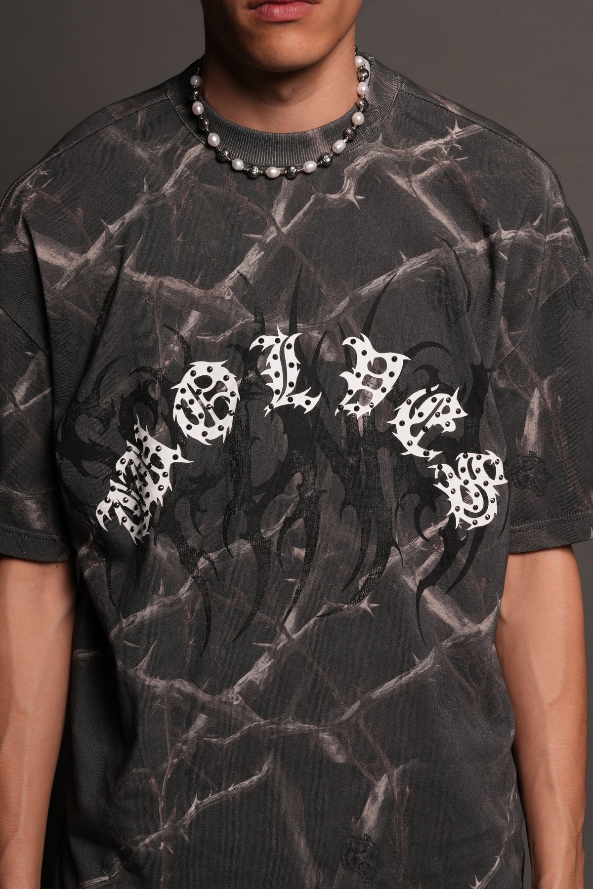 Studded Mantra Premium Oversized Tee In Darc Thorns