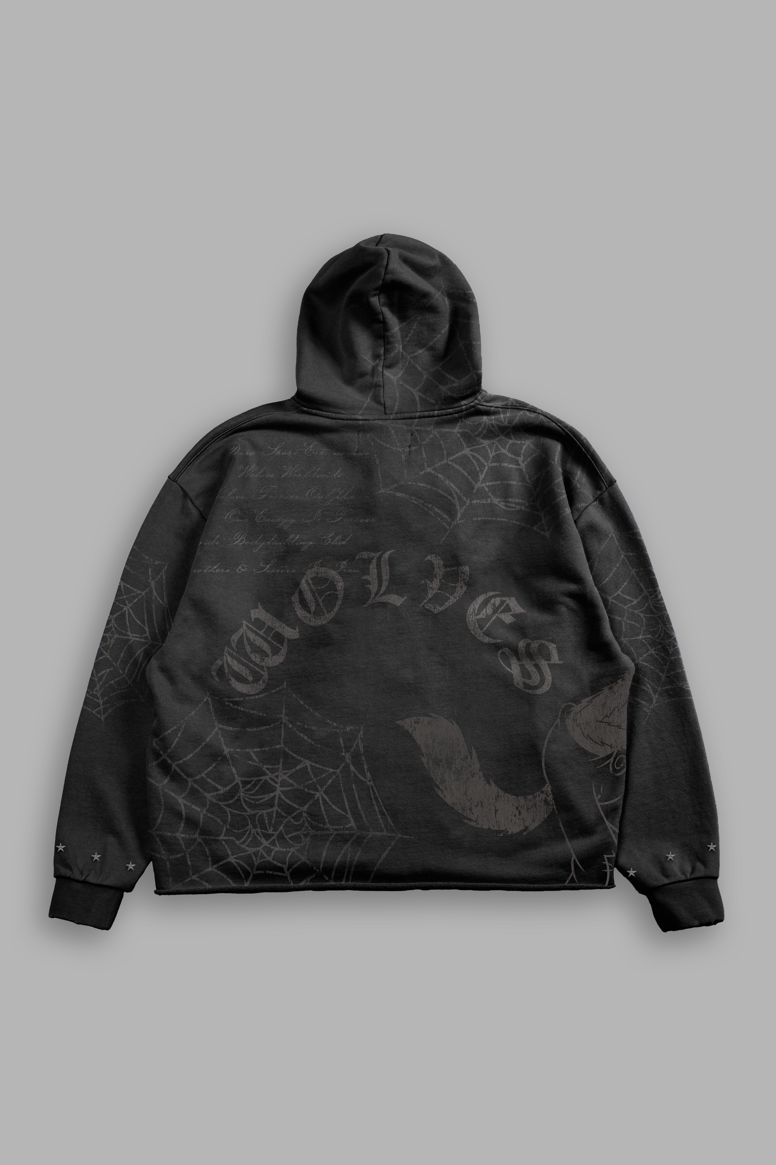 Big & Bad Distressed Grunge Mid Length Raw Hem Zip Hoodie in Black Drift Wash