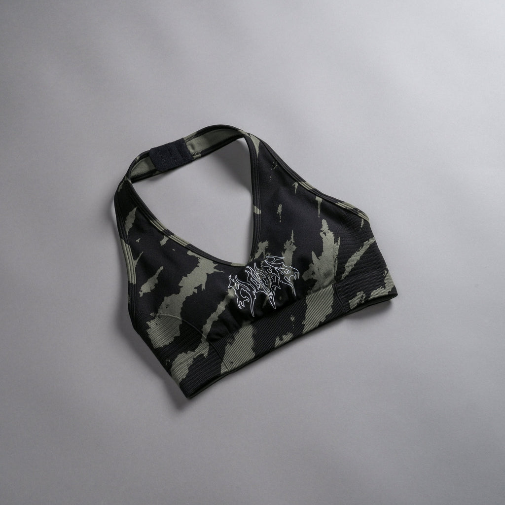 Why Wait "Everson Seamless" Valencourt Halter Bra in Pine Green/Black Native Camo — imagem 9