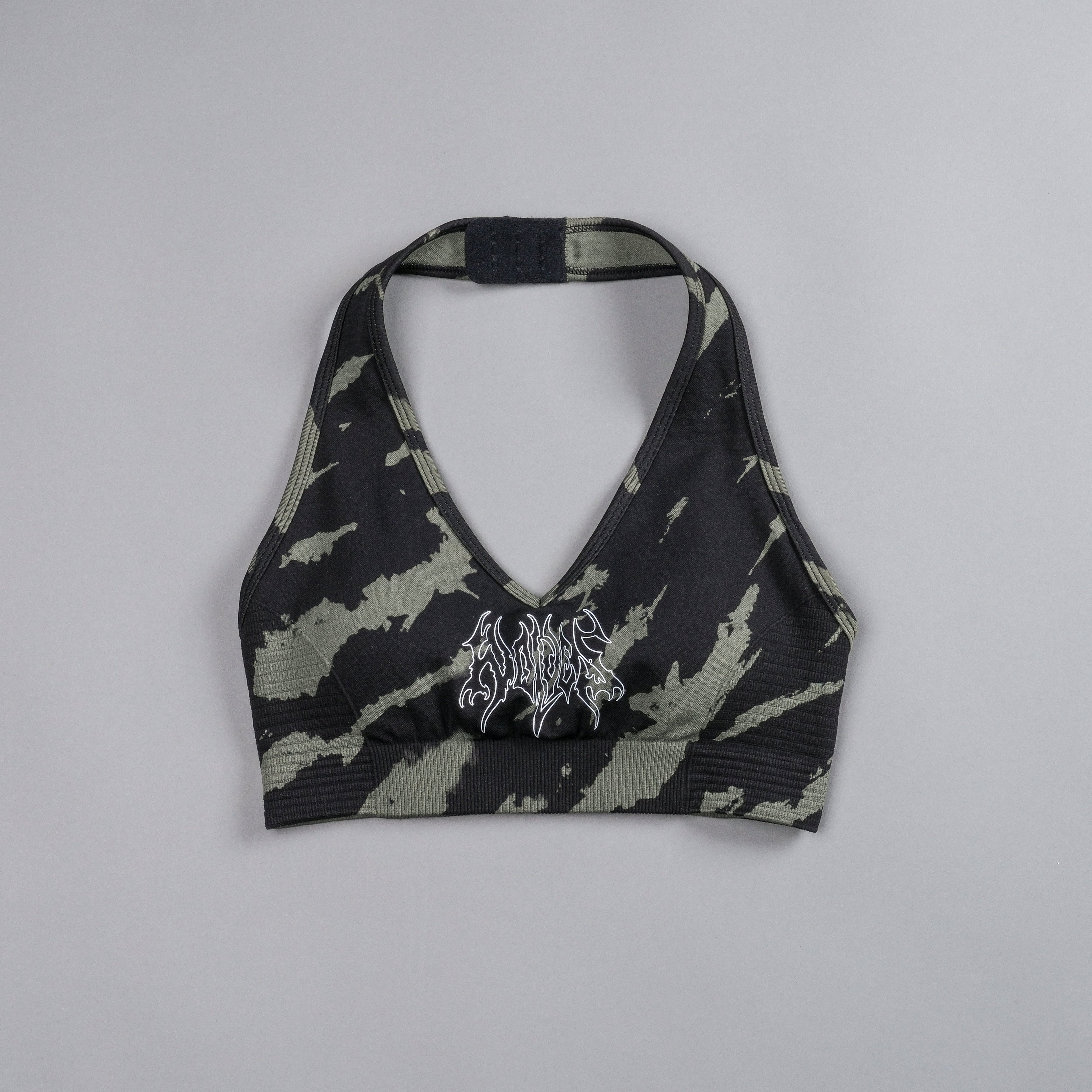 Why Wait "Everson Seamless" Valencourt Halter Bra in Pine Green/Black Native Camo — imagem 3