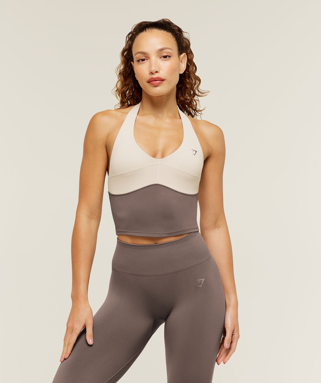 Colour Block Halter Neck Tank With Shelf - Cool Brown/Pebble Grey — imagem 1