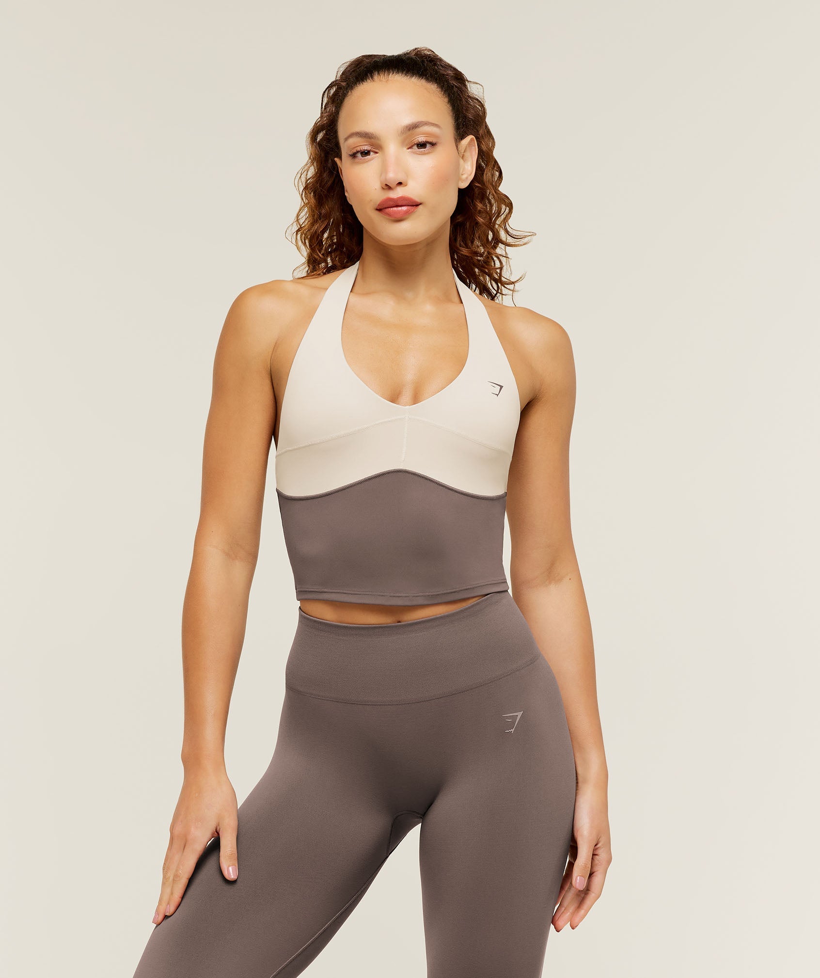Colour Block Halter Neck Tank With Shelf - Cool Brown/Pebble Grey — imagem 1