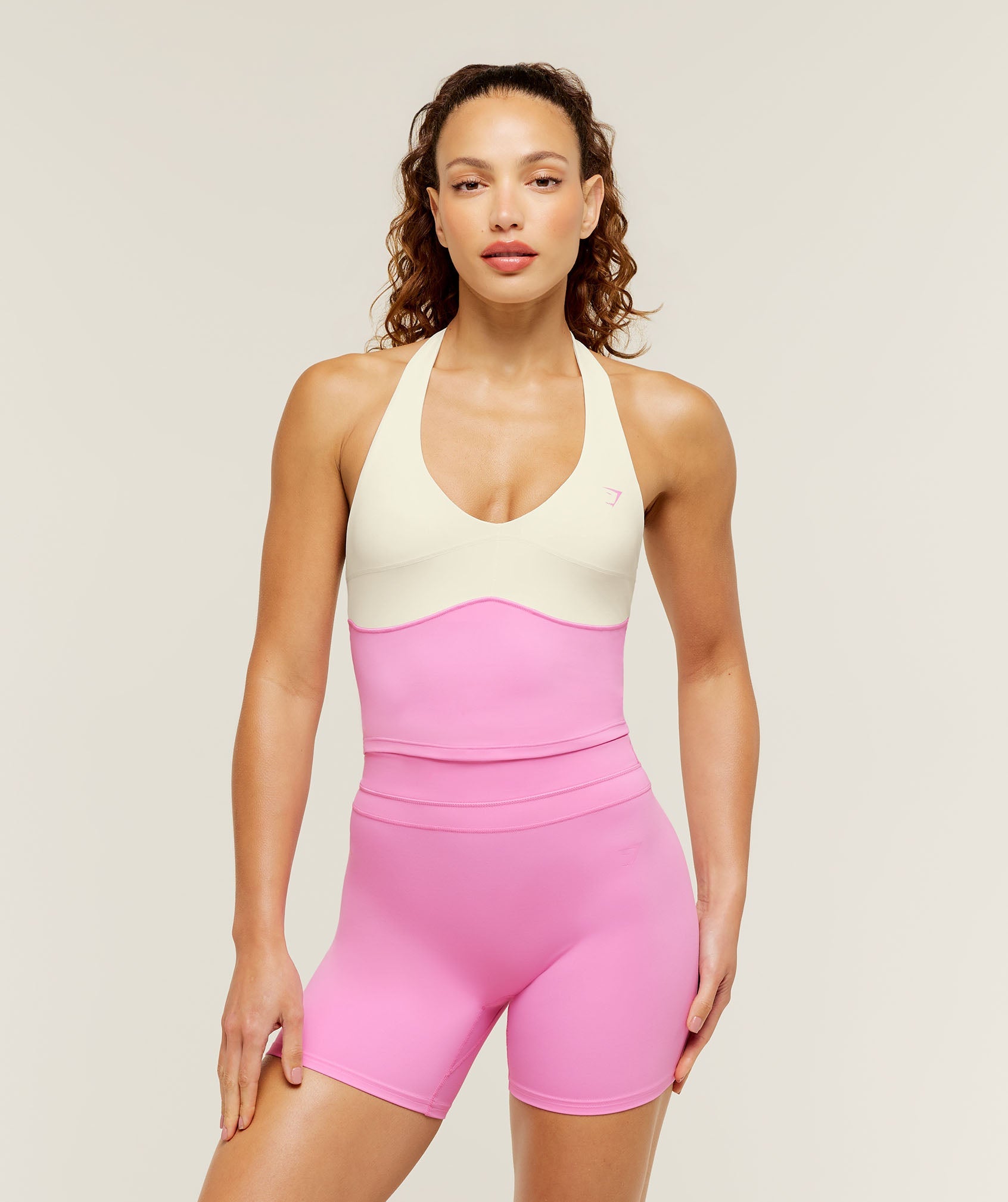 Colour Block Halter Neck Tank With Shelf - Focus Pink/Soft White — imagem 1
