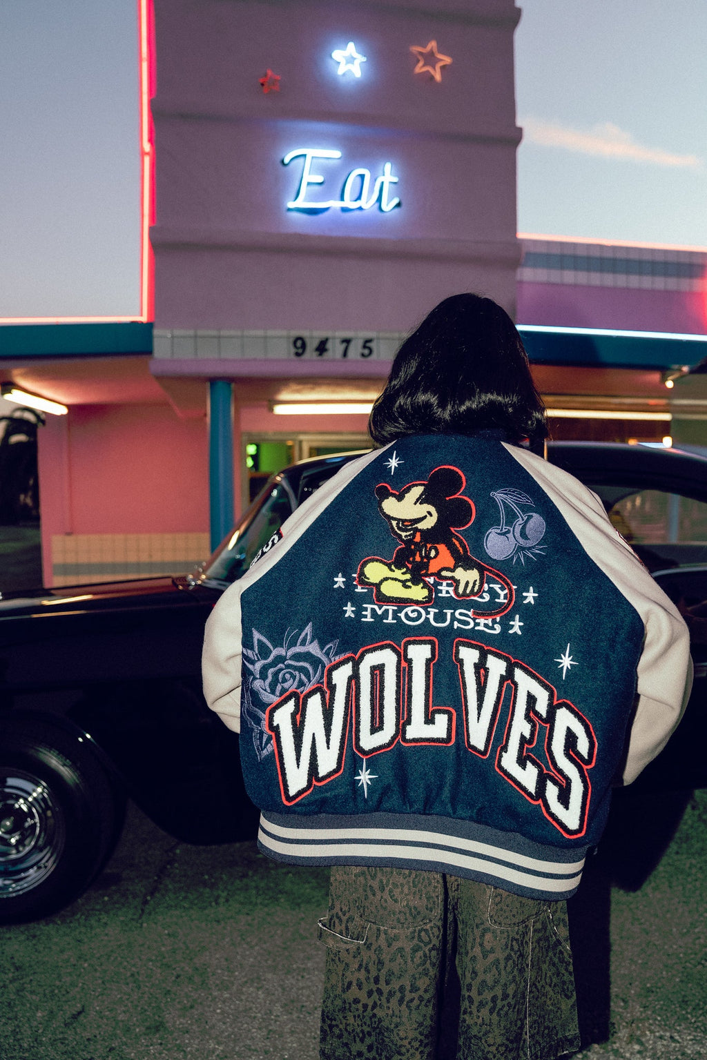 Mickey Mouse Wolves Club Roxy Box Cut Rudy Letterman Jacket in Navy/Clay