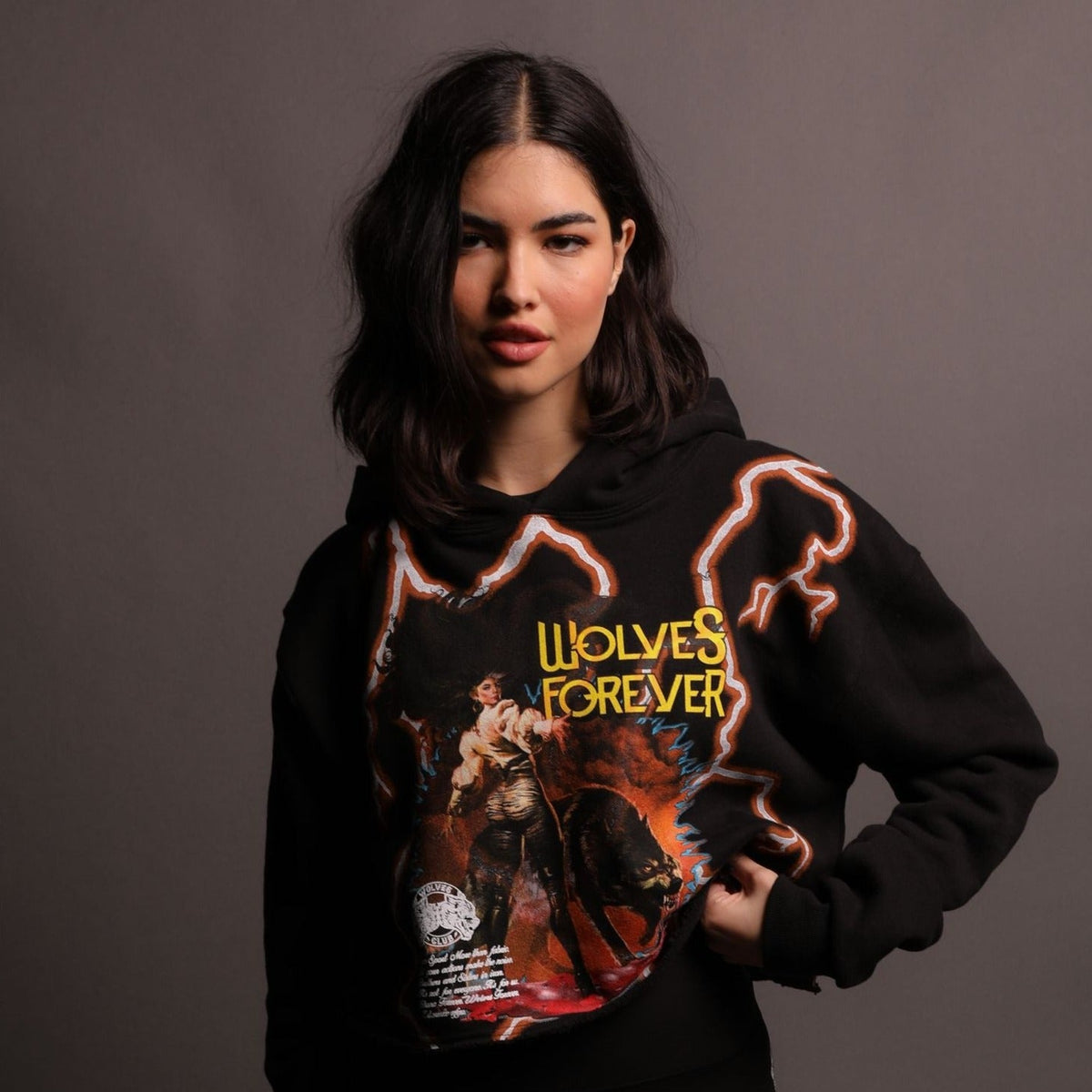 A Woman Scorned "Vintage Wyoming" (Cropped) Hoodie in Black/Orange Lightning - imagem 1