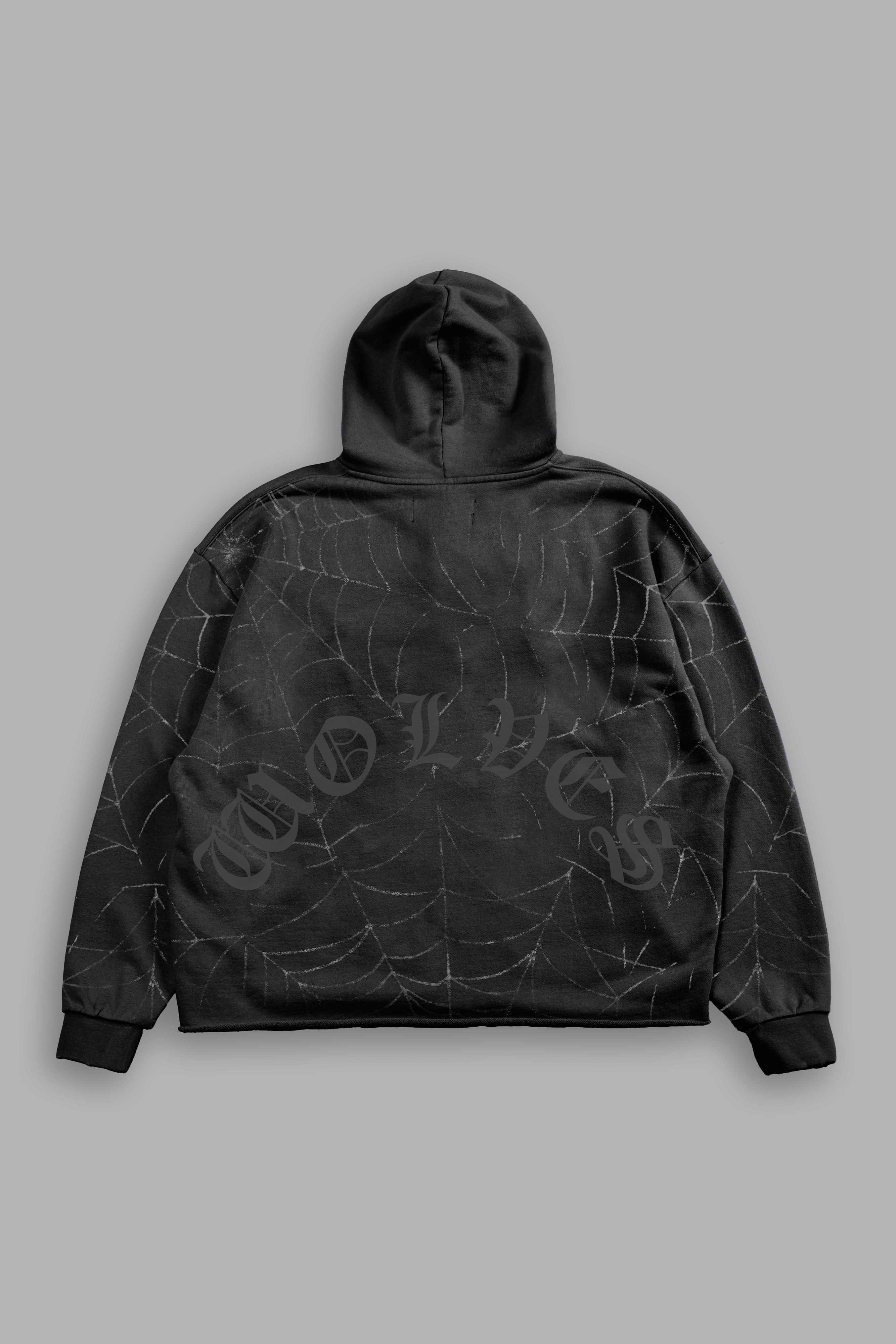 Stud Web Distressed Grunge Mid Length Raw Hem Zip Hoodie in Black Sun Fade