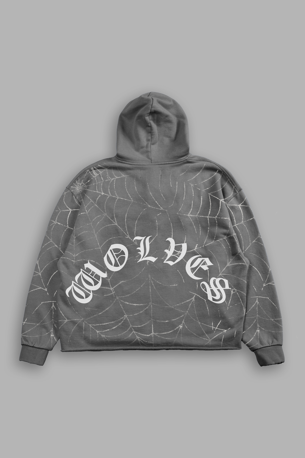 Stud Web Distressed Grunge Mid Length Raw Hem Zip Hoodie in Slate Gray Sun Fade