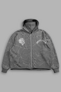Stud Web Distressed Grunge Mid Length Raw Hem Zip Hoodie in Slate Gray Sun Fade