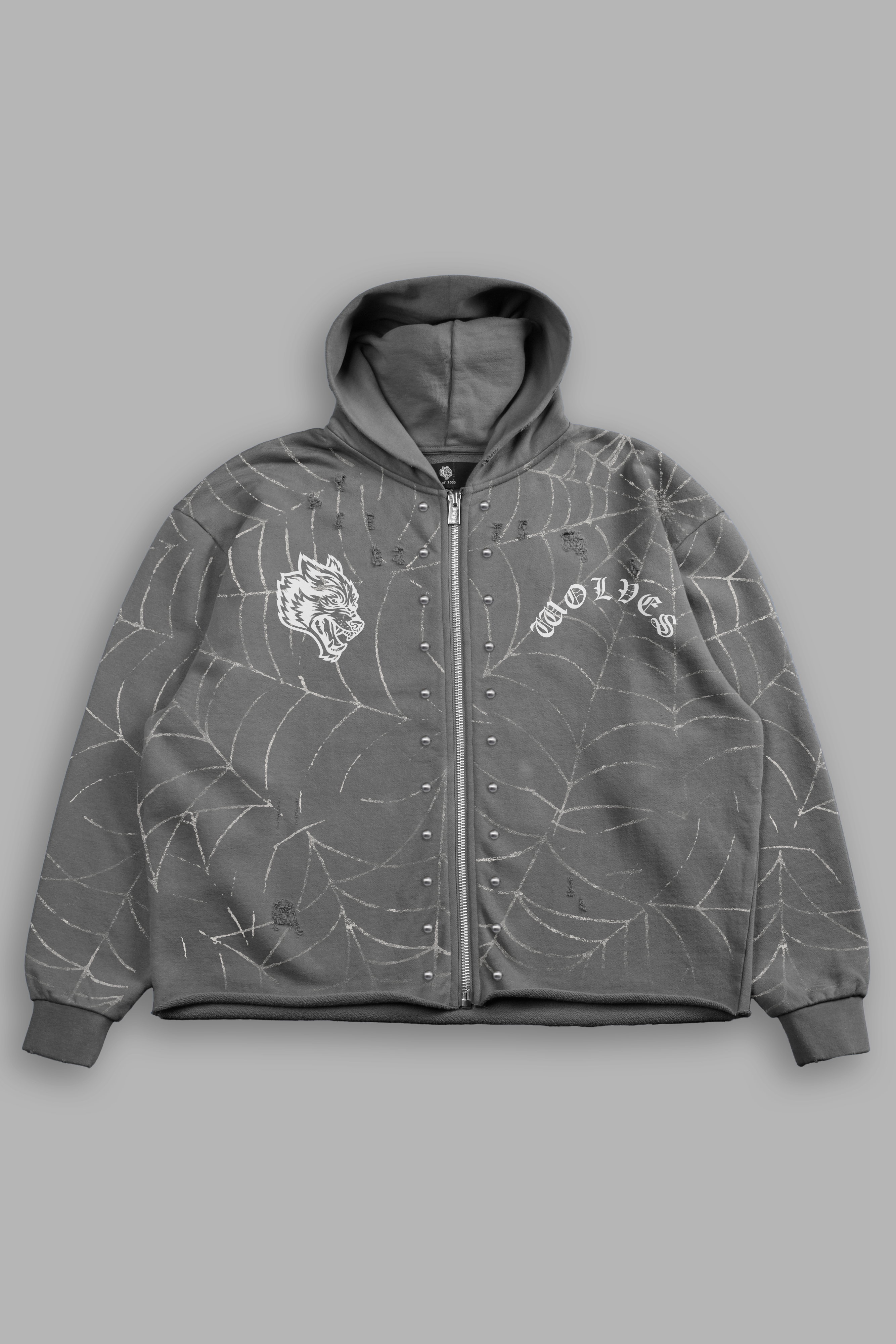 Stud Web Distressed Grunge Mid Length Raw Hem Zip Hoodie in Slate Gray Sun Fade