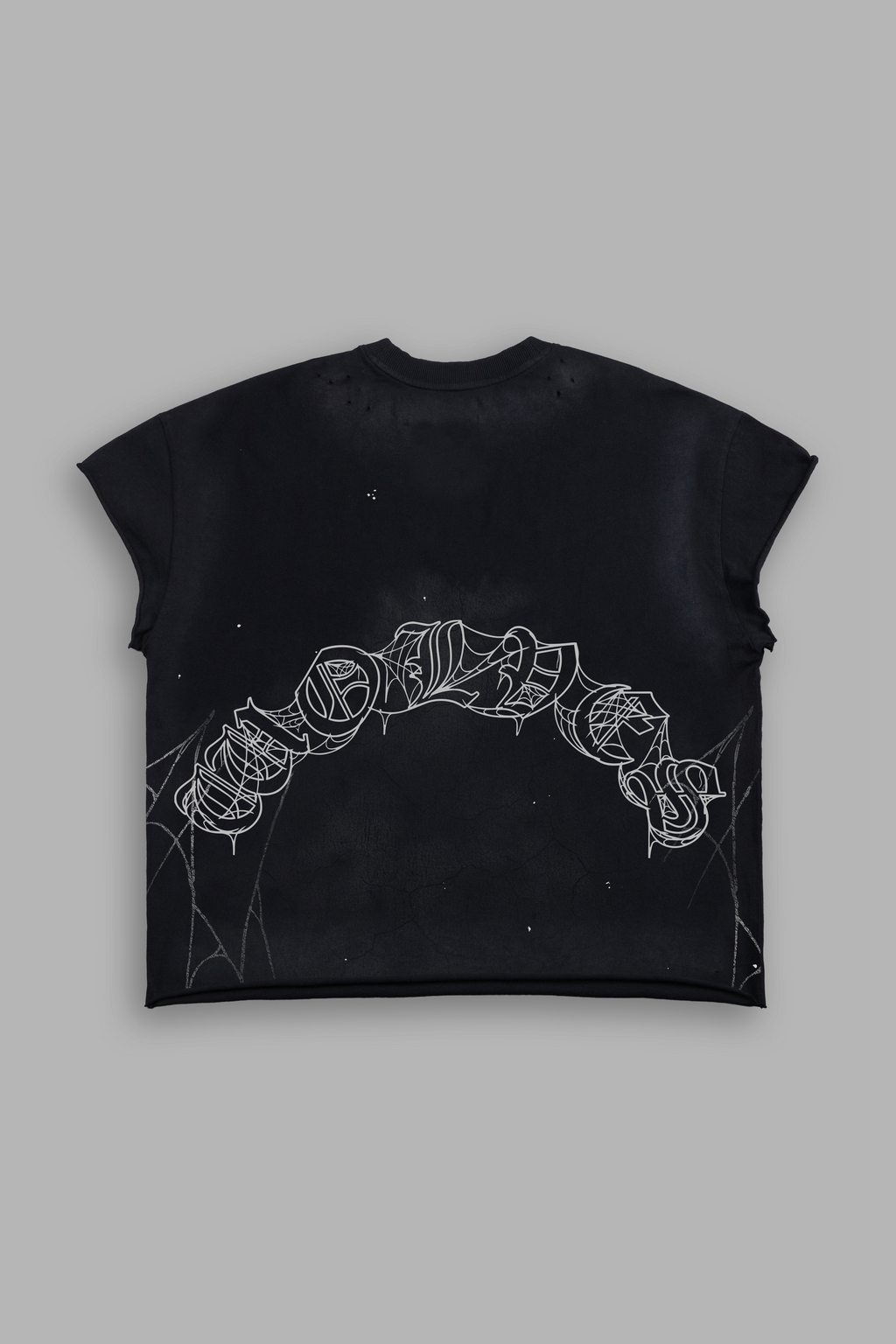 Web Chopper Distressed Grunge Mid Length Raw Hem Cap Sleeve Tee in Black Drift Wash