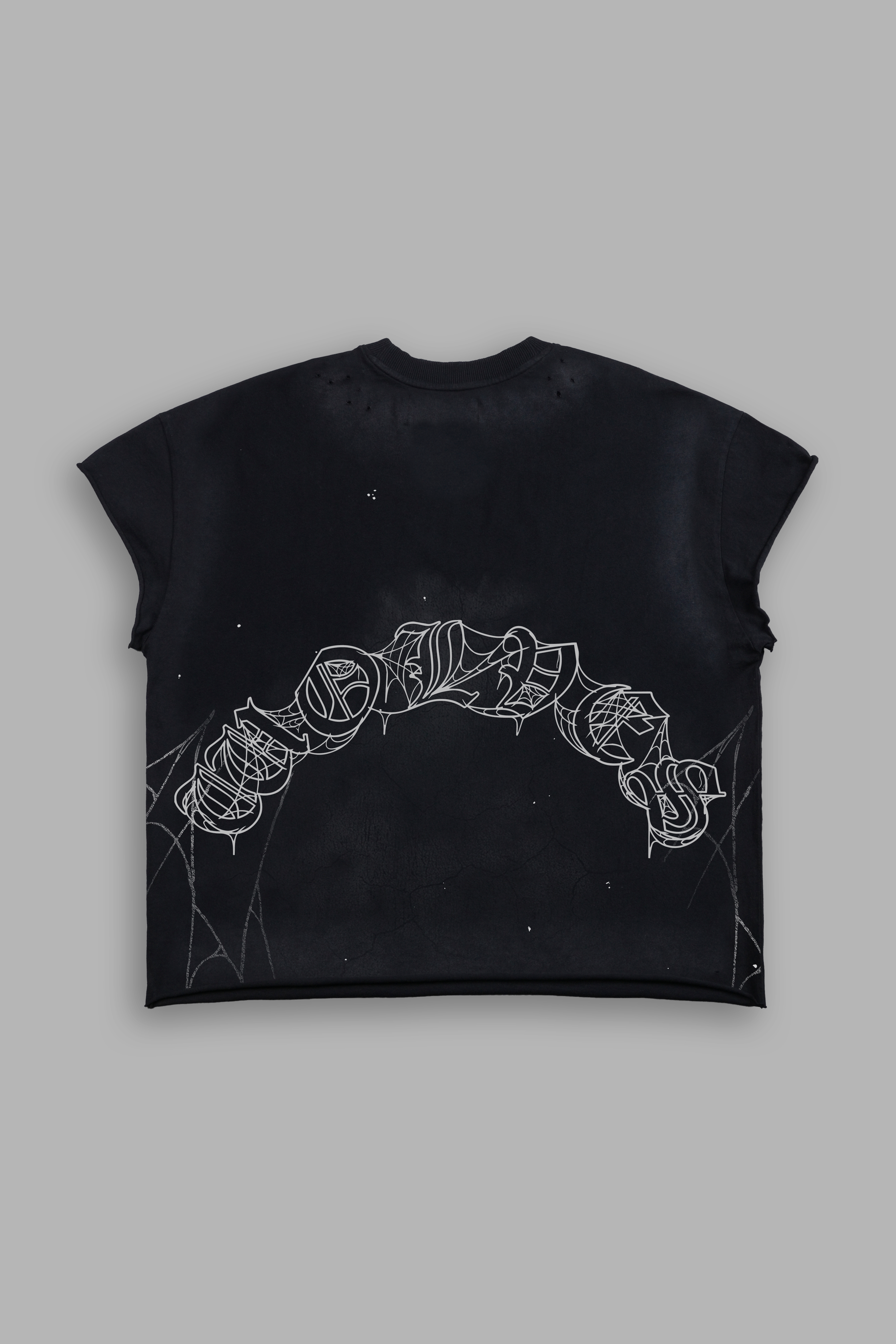 Web Chopper Distressed Grunge Mid Length Raw Hem Cap Sleeve Tee in Black Drift Wash