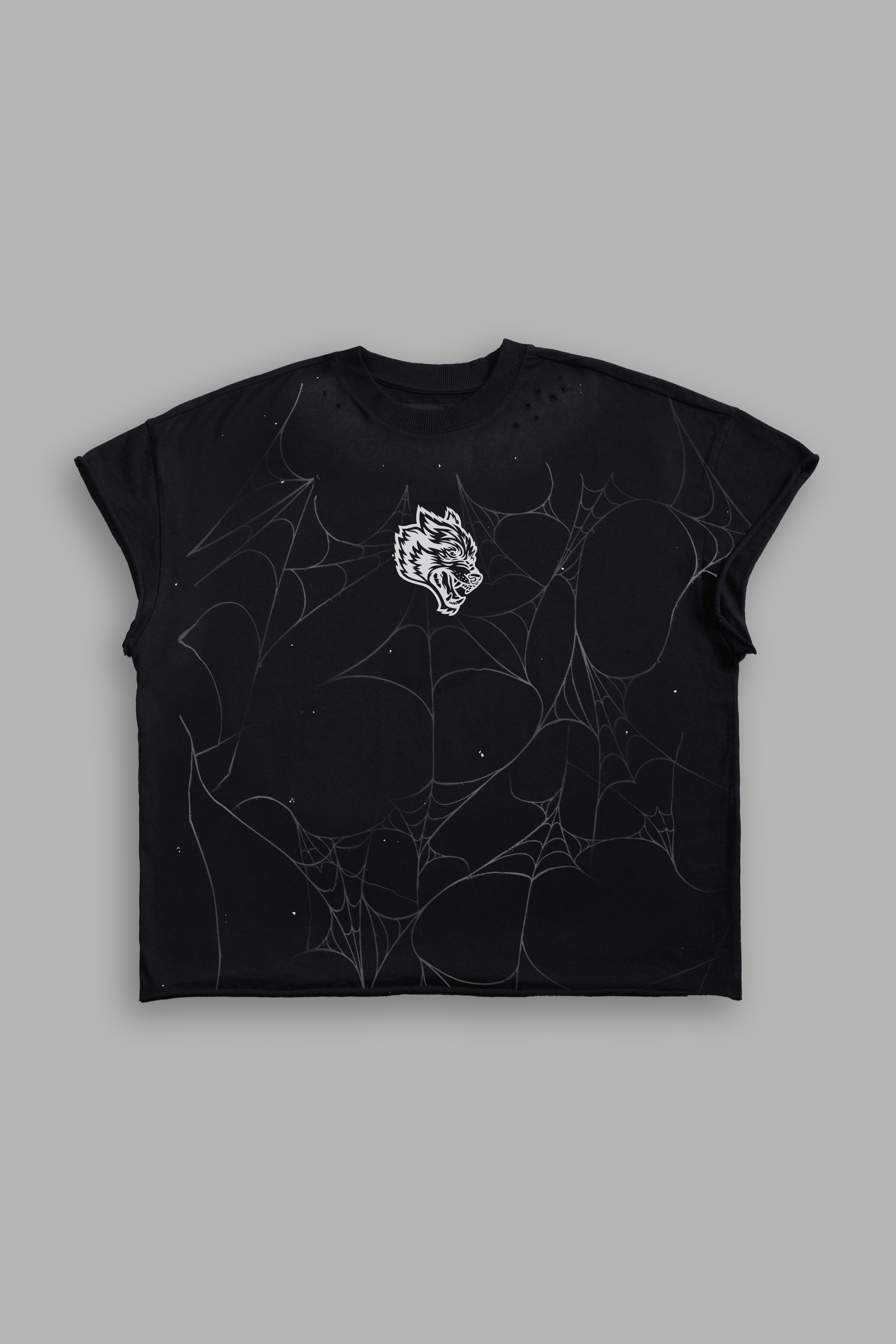 Web Chopper Distressed Grunge Mid Length Raw Hem Cap Sleeve Tee in Black Drift Wash