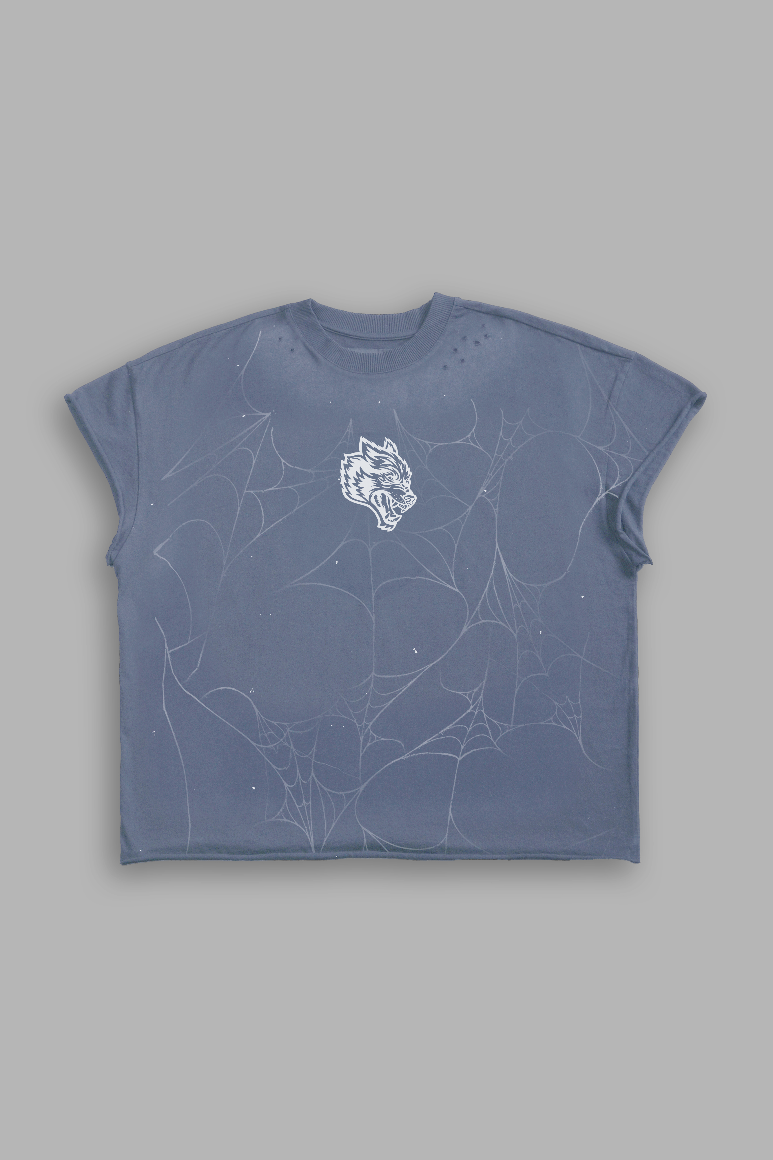 Web Chopper Distressed Grunge Mid Length Raw Hem Cap Sleeve Tee in Norse Blue Drift Wash