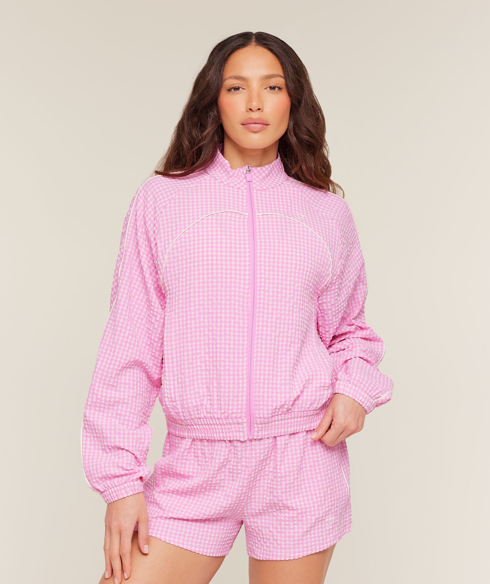 Gingham Track Jacket - Focus Pink/Soft White — imagem 1