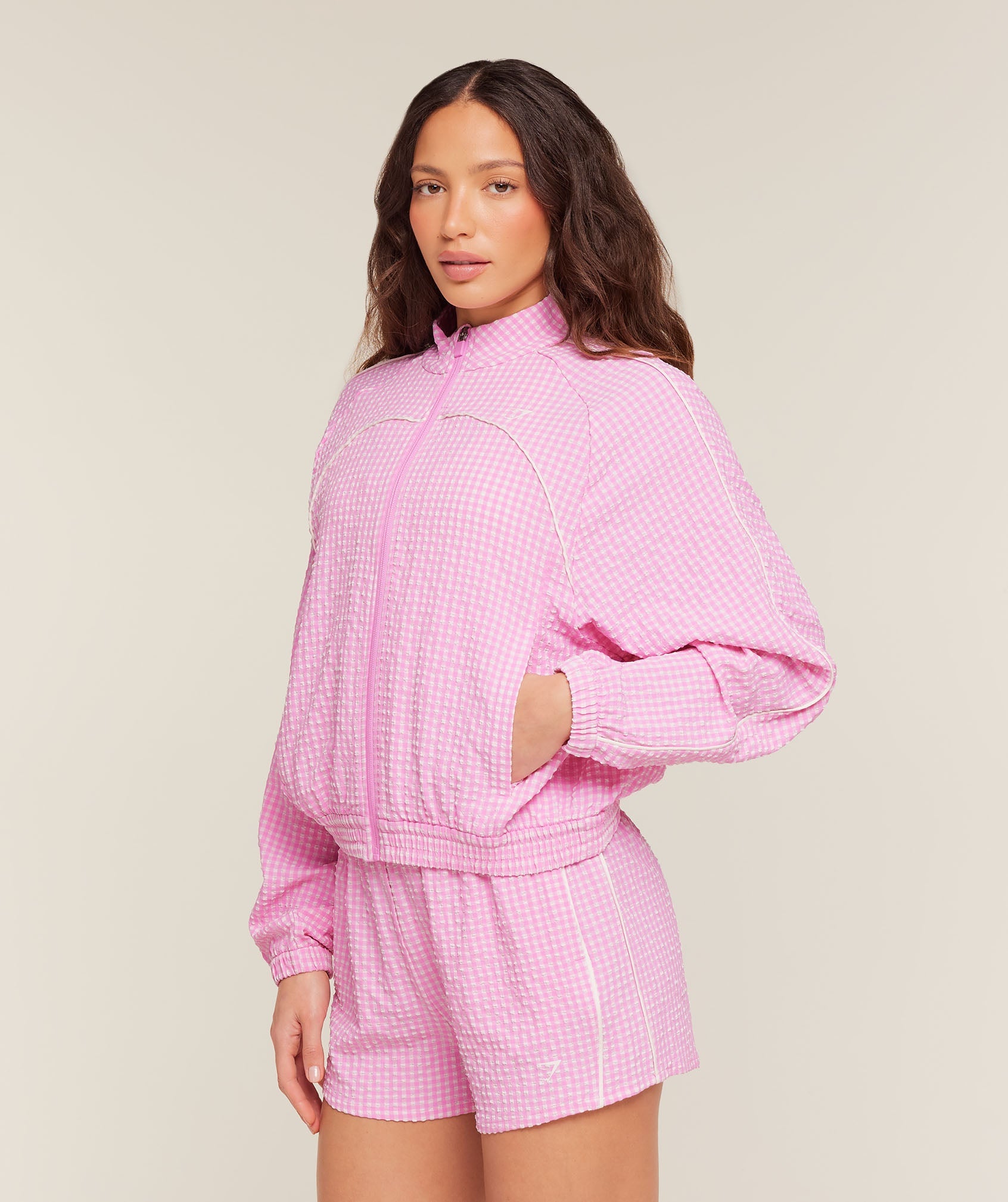 Gingham Track Jacket - Focus Pink/Soft White — imagem 3